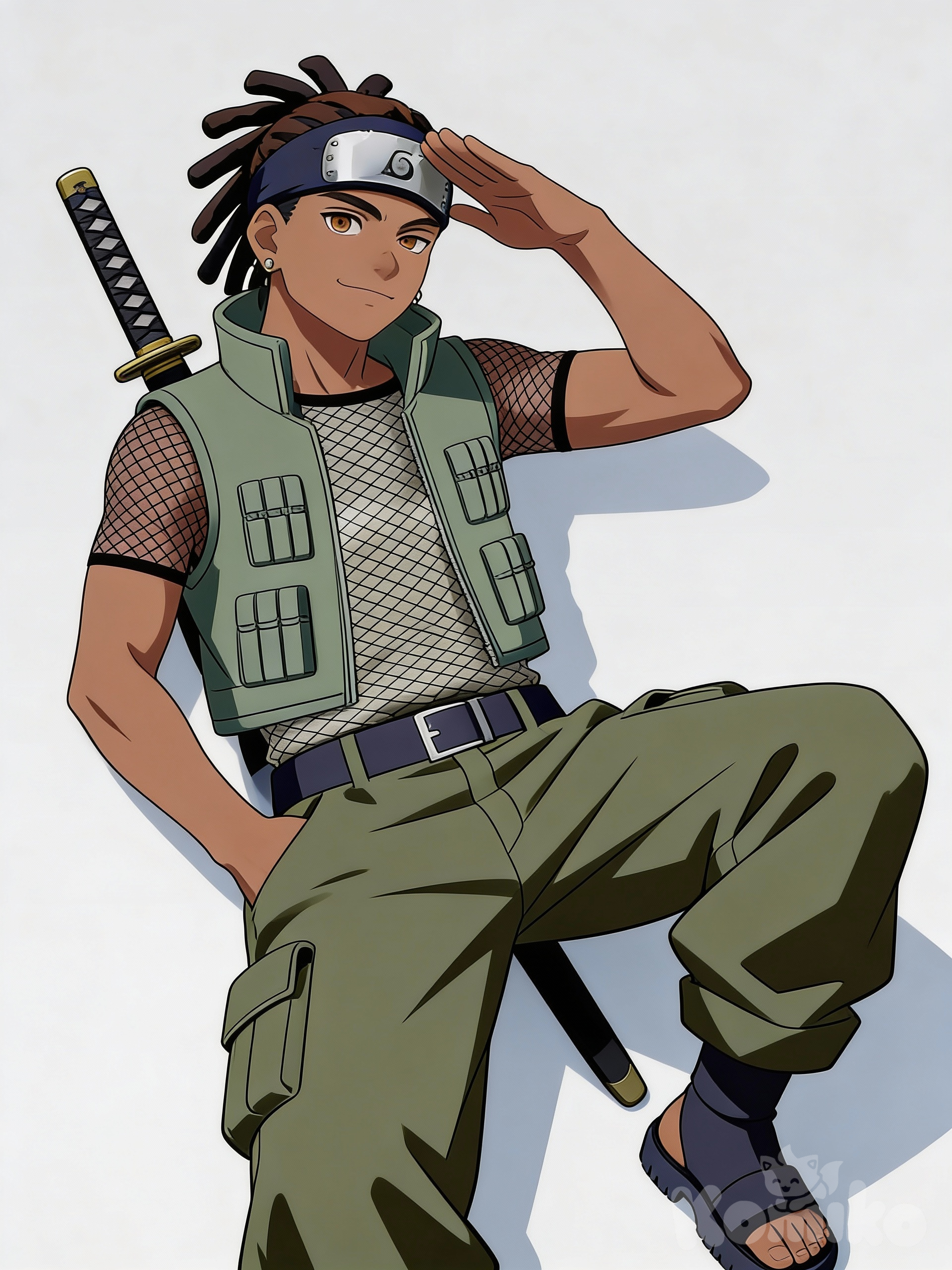 @mori-7oXX, full body but close up, sword resting in a sheathe on his back, he's giving a lazy salute with a small smile