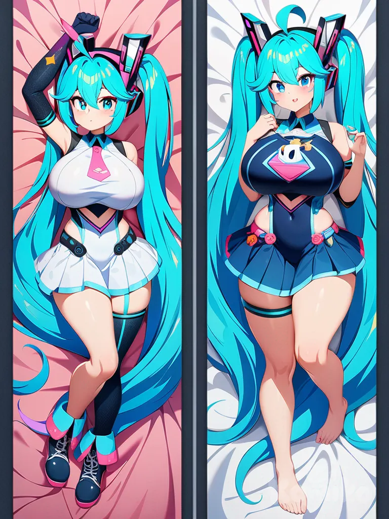 1girl, ultra big breasts, anime style, colorful hair, blue hair, dark blue eyes, ultra dakimakura, My Little Pony: Friendship is Magic, anthro pony, Hatsune Miku, twintails, Vocaloid, digital art, futuristic outfit, long hair, vibrant colors, intricate design, high resolution