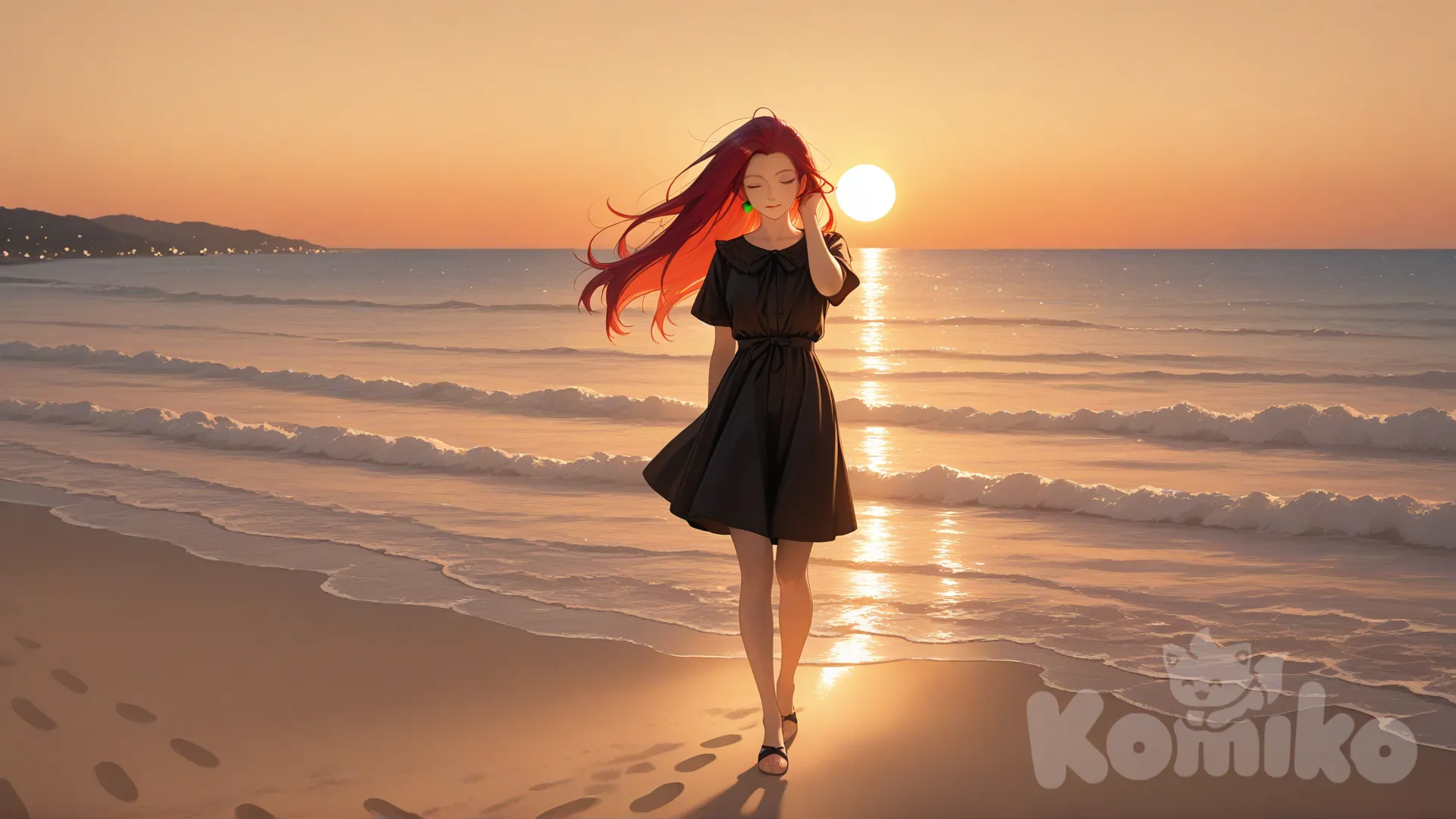 jessie (pokemon), caminhando tranquilamente pela praia ao pôr do sol, vista em plano médio, com o oceano ao fundo refletindo tons dourados e alaranjados do céu. Seus cabelos estão soltos e esvoaçando suavemente com a brisa do mar. Uma de suas mãos está levantada, mexendo delicadamente no cabelo. A iluminação é quente e suave, criando um clima cinematográfico e contemplativo. A areia apresenta textura realista com pegadas sutis, e o horizonte mostra o sol se pondo parcialmente no mar. Estilo fotorealista, alta definição, profundidade de campo suave, cores quentes, atmosfera serena e elegante.
