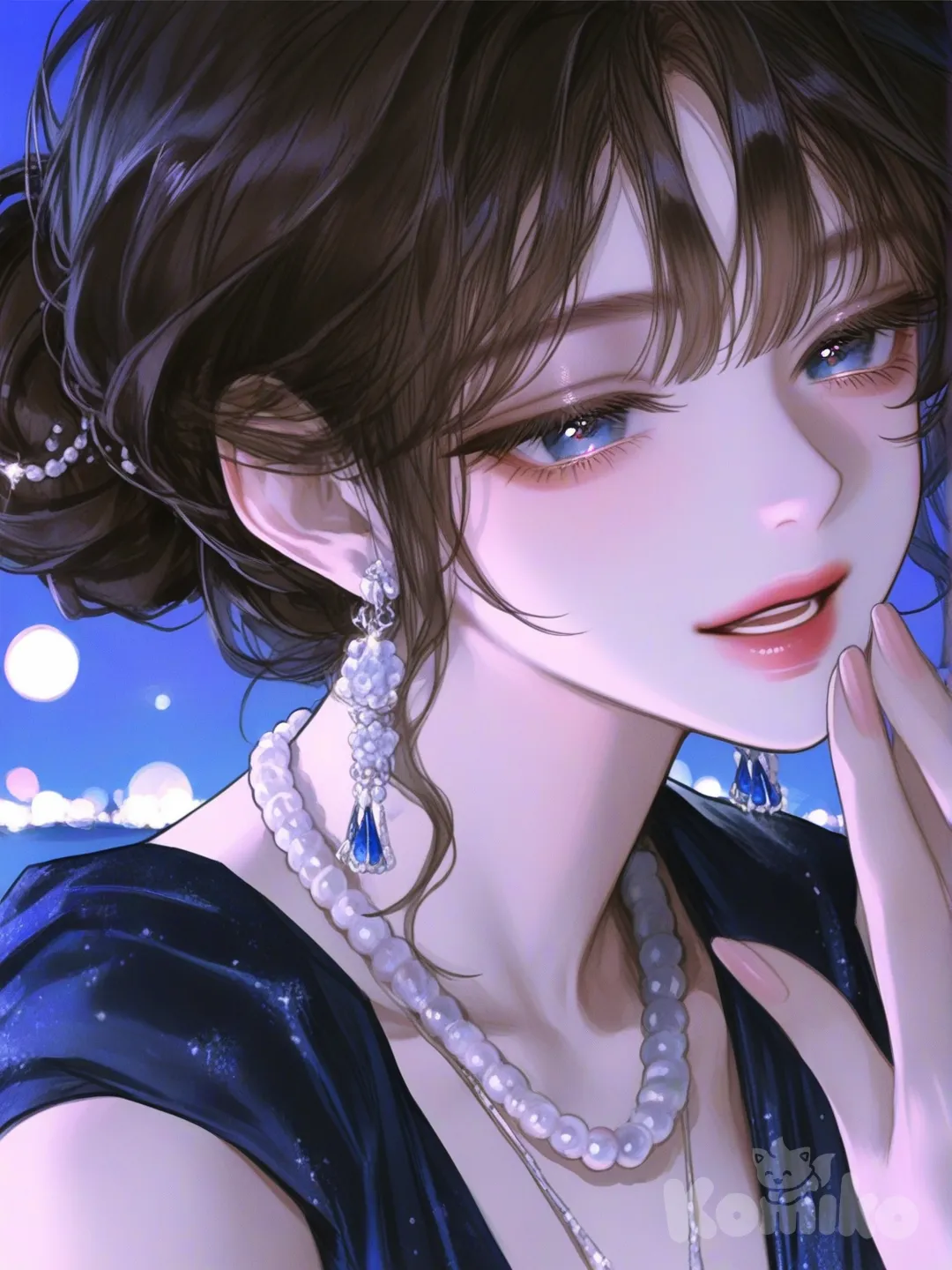 1girl, [semi-realistic-portrait-style], singing, smile, evening dress, necklace, earrings, jewelry, pearls, bun, navy blue, upper body, backlight, blue sky