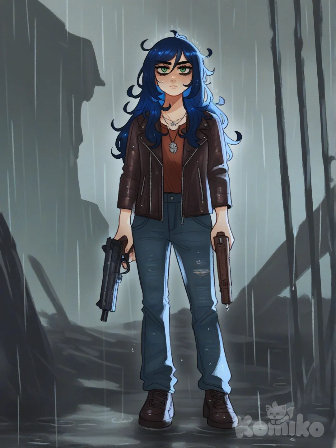 1girl, holding gun, frown, long hair, blue hair, leather jacket, casual pants, green eyes, necklace, full body, cinematic lighting, ruins, village, rainy, [soft-shaded-moe-style]