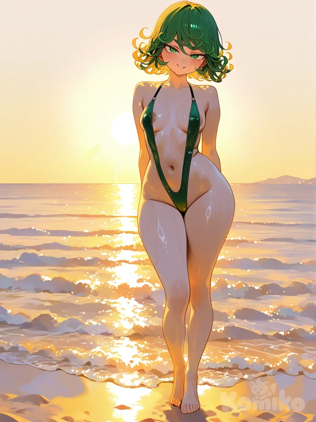 Tatsumaki medium breasts, wide hips, full body, standing in a sexy pose, brown nipples, revealing clothes, areola slip, wearing a green X slingshot swimsuit, on the beach, flirty smile, [sweet-painting-style], day