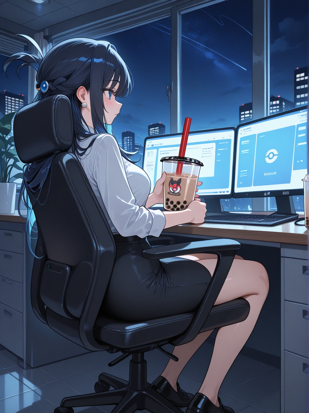bubble tea, pokemon, night, office chair