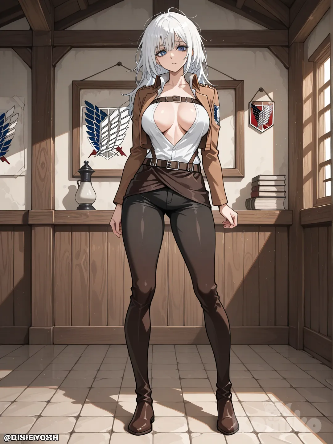 Creating an OC (Original Character) of an Anime Girl from Attack on Titan.
Messy, unkempt long bob haircut with white hair; blue eyes.
Pretty face with a tomboyish expression; tall, slender figure; large breasts; long, slender legs.
Wearing a Survey Corps uniform from head to toe; in a sexy standing pose.