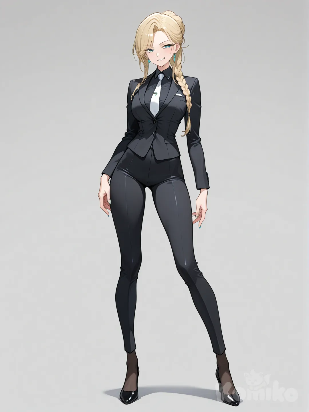 Creating an OC (Original Character) of a 37-year-old woman.
Beautiful face, braided bun hairstyle, blonde hair, turquoise blue eyes, a cool smile.
Slender figure with long, slender thighs, wearing a form-fitting black suit with a white tie. Elegant pose, from head to toe.