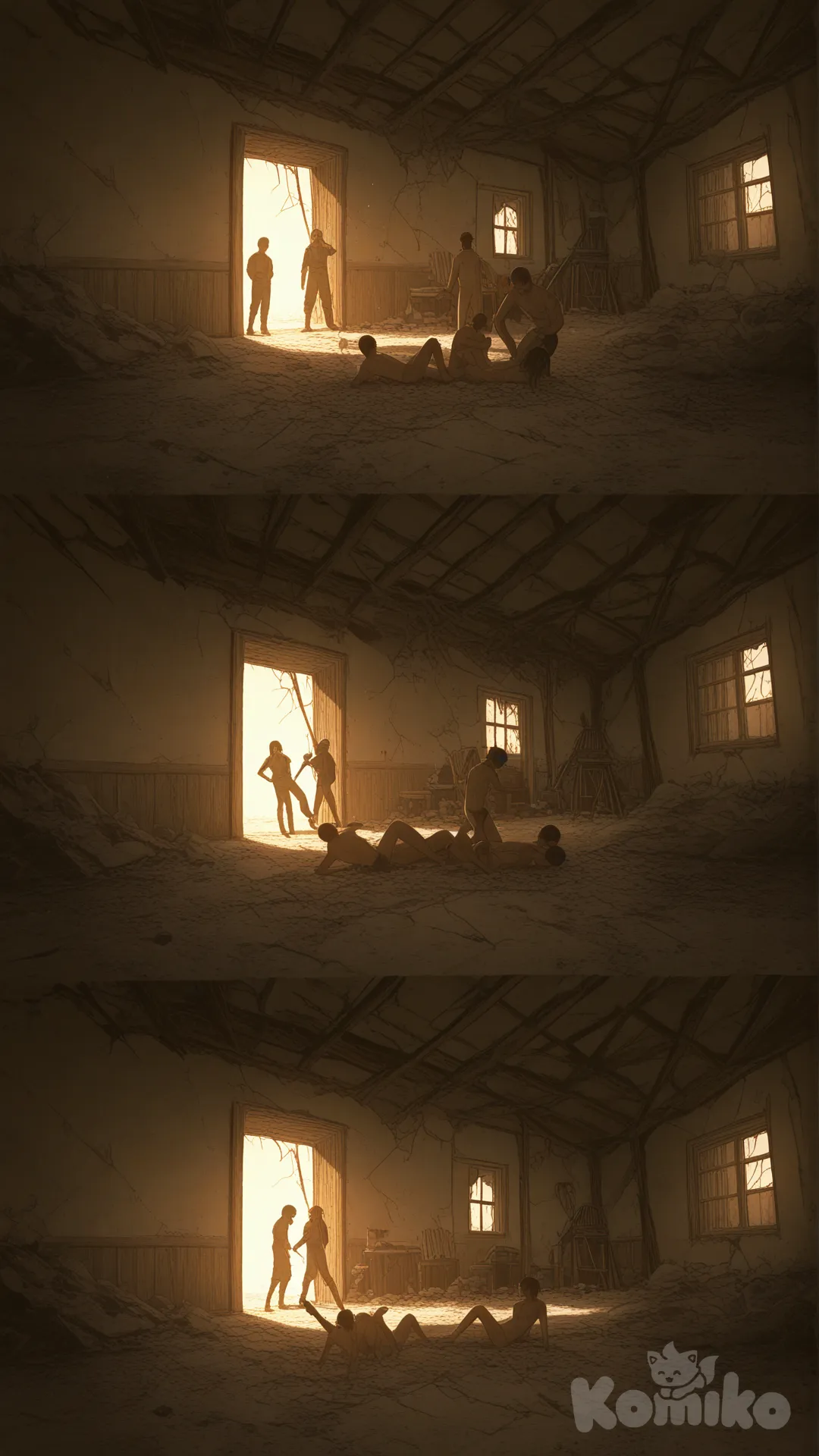 подростки по очереди занимаются сексом с девушкой в заброшенном доме. все персонажи во весь рост. коллаж