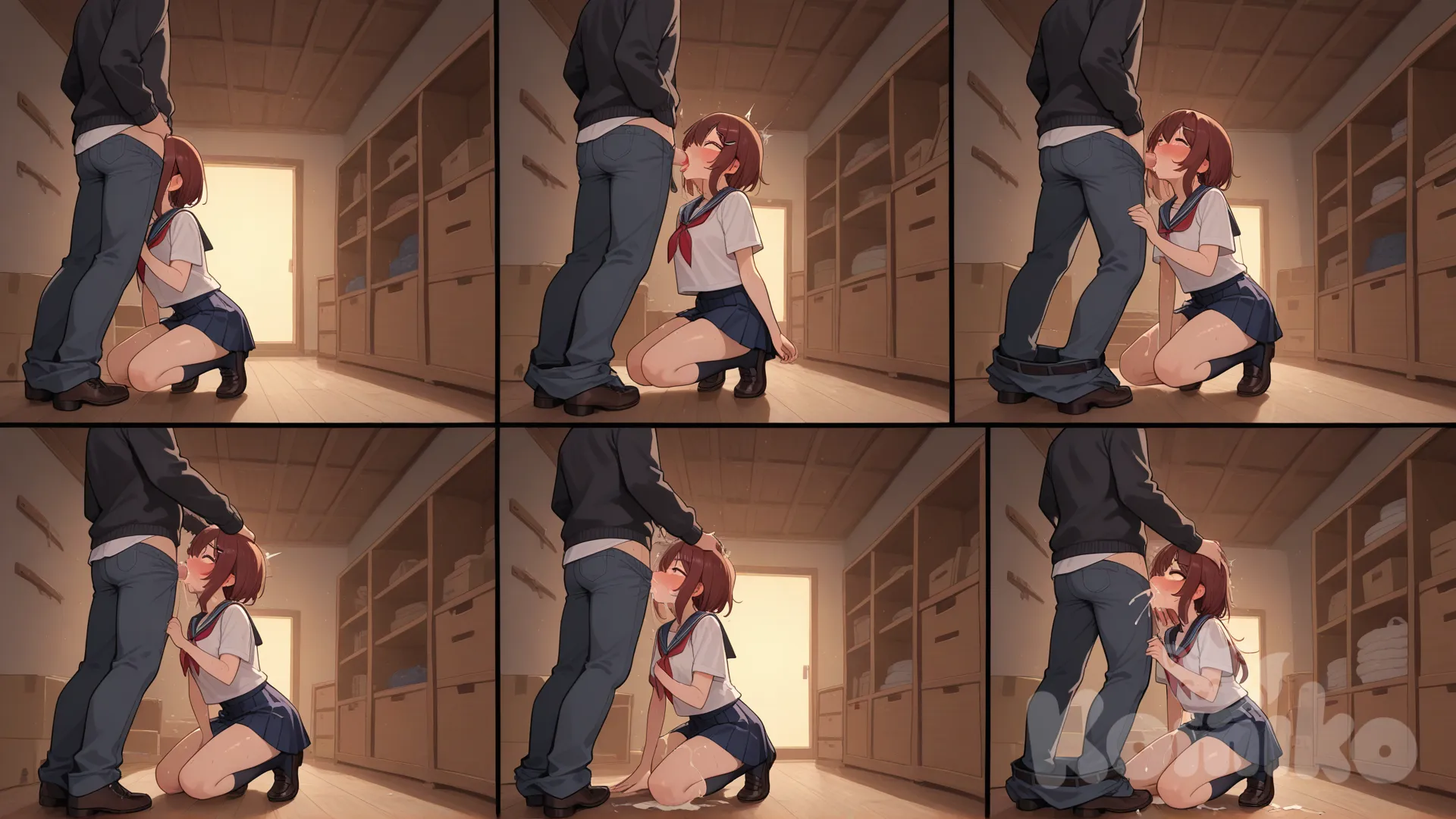 сделай серию снимков, где сначала девочка делает минет брату в кладовке, а потом брат кончает ей в рот. персонажи должны быть видны в весь рост