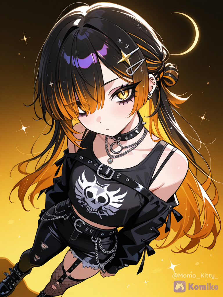 a young woman with a visual Kei style that's alt-goth or punk-inspired aesthetic against a gradient background. She has a heavily layered orange/yellow ombre emo or scene aesthetic hairstyle with long bangs that cover her left eye and softly frame her face. Her makeup is dramatic, highlighting sharp eyeliner and long lashes. She wears an array of metallic silver jewelry, including a star-shaped hair clip, multiple ear piercings, a spiked leather choker, and layered metallic silver necklaces featuring star, crescent moon, and citrine gemstone pendants. Her outfit consists of a fitted black tank top, lowcut to above the chest, and buckle straps for the shoulders of the tank top, looking at viewer, high contrast, extremely aesthetic, resolution, composition, ultra highest quality, glitter particles everywhere, sparkling light effects, volumetric cinematic lighting, sparkling highlights, magical glitter ambience, background, intricate details, full body shot, wide angle view, anime anime illustration