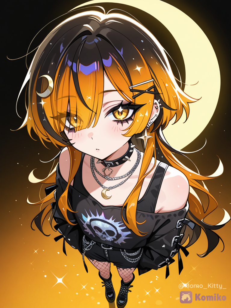 a young woman with a visual Kei style that's alt-goth or punk-inspired aesthetic against a gradient background. She has a heavily layered orange/yellow ombre emo or scene aesthetic hairstyle with long bangs that cover her left eye and softly frame her face. Her makeup is dramatic, highlighting sharp eyeliner and long lashes. She wears an array of metallic silver jewelry, including a star-shaped hair clip, multiple ear piercings, a spiked leather choker, and layered metallic silver necklaces featuring star, crescent moon, and citrine gemstone pendants. Her outfit consists of a fitted black tank top, lowcut to above the chest, and buckle straps for the shoulders of the tank top, looking at viewer, high contrast, extremely aesthetic, resolution, composition, ultra highest quality, glitter particles everywhere, sparkling light effects, volumetric cinematic lighting, sparkling highlights, magical glitter ambience, background, intricate details, full body shot, wide angle view, anime anime illustration