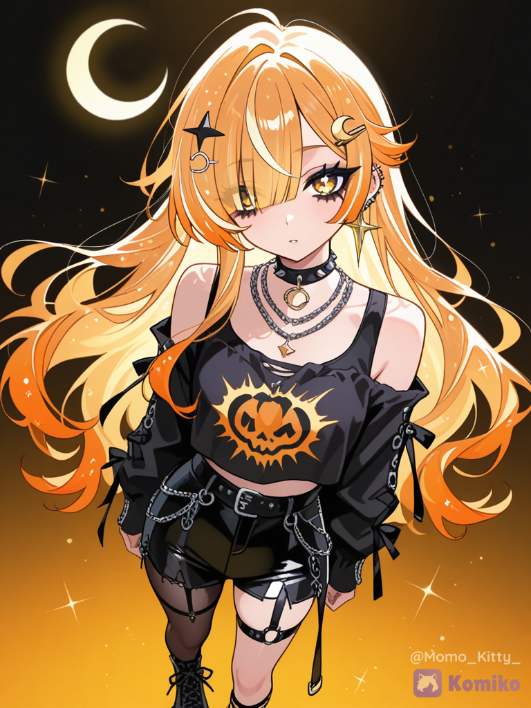 a young woman with a visual Kei style that's alt-goth or punk-inspired aesthetic against a gradient background. She has a heavily layered orange/yellow ombre emo or scene aesthetic hairstyle with long bangs that cover her left eye and softly frame her face. Her makeup is dramatic, highlighting sharp eyeliner and long lashes. She wears an array of metallic silver jewelry, including a star-shaped hair clip, multiple ear piercings, a spiked leather choker, and layered metallic silver necklaces featuring star, crescent moon, and citrine gemstone pendants. Her outfit consists of a fitted black tank top, lowcut to above the chest, and buckle straps for the shoulders of the tank top, looking at viewer, high contrast, extremely aesthetic, resolution, composition, ultra highest quality, glitter particles everywhere, sparkling light effects, volumetric cinematic lighting, sparkling highlights, magical glitter ambience, background, intricate details, full body shot, wide angle view, anime anime illustration