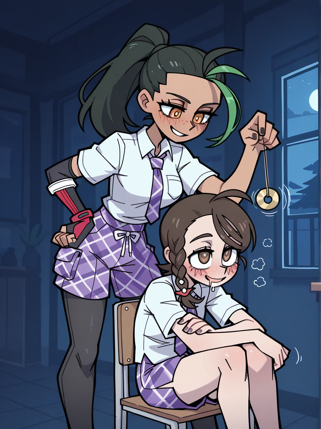 vanripper, nemona (pokemon), holding pendulum, femdom,2d, calm face, beautiful, Expressive, black nails, blush, standing , nemonaxd, dark-skinned female, freckles, black hair, multicolored hair, ponytail, green hair, streaked hair, teasing pleased face, long hair, shorts, solo, dark-skinned female, toes, school uniform, gloves, green hair, dark skin, necktie, multicolored hair, pantyhose, fingerless gloves, black hair, black pantyhose, purple shorts, streaked hair, nail polish, single glove, shirt, 2girl, night, juliana (pokemon), sitting on chair, hypnotised, Juliana staring at pendulum, head on knees, pendulum focus, Juliana drool face, action lines, feet out of frame