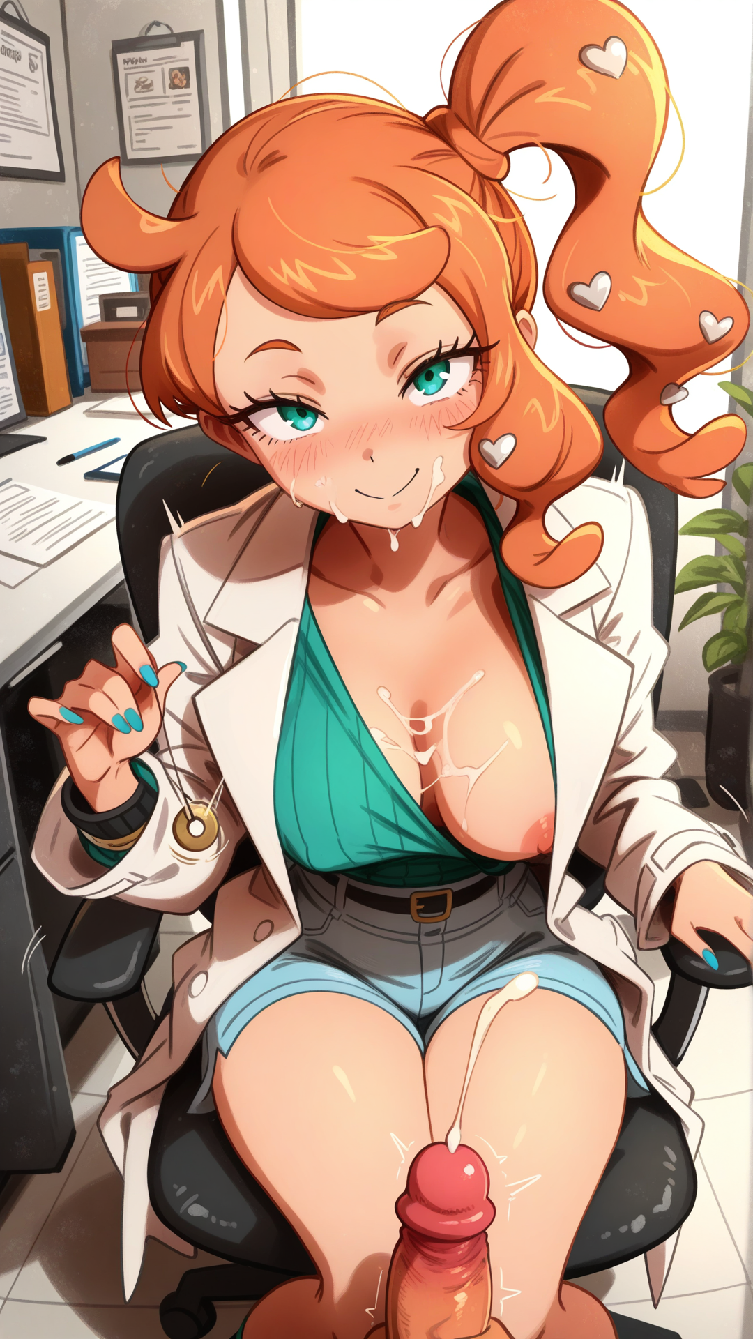 khyle, sonia (pokemon), 1girl, beautiful, Expressive,blue nails, hypnotherapist office, sitting on hypnotherapist chair, white coat, blush, five toes, uncertain but pleased face, shorts, solo, nail polish, pov penis, sonia looking at viewer, sonia holding pendulum ,nipples, feet out of frame, pendulum focus, front view, action lines, penis, cum on breasts, cum on face, ejaculation