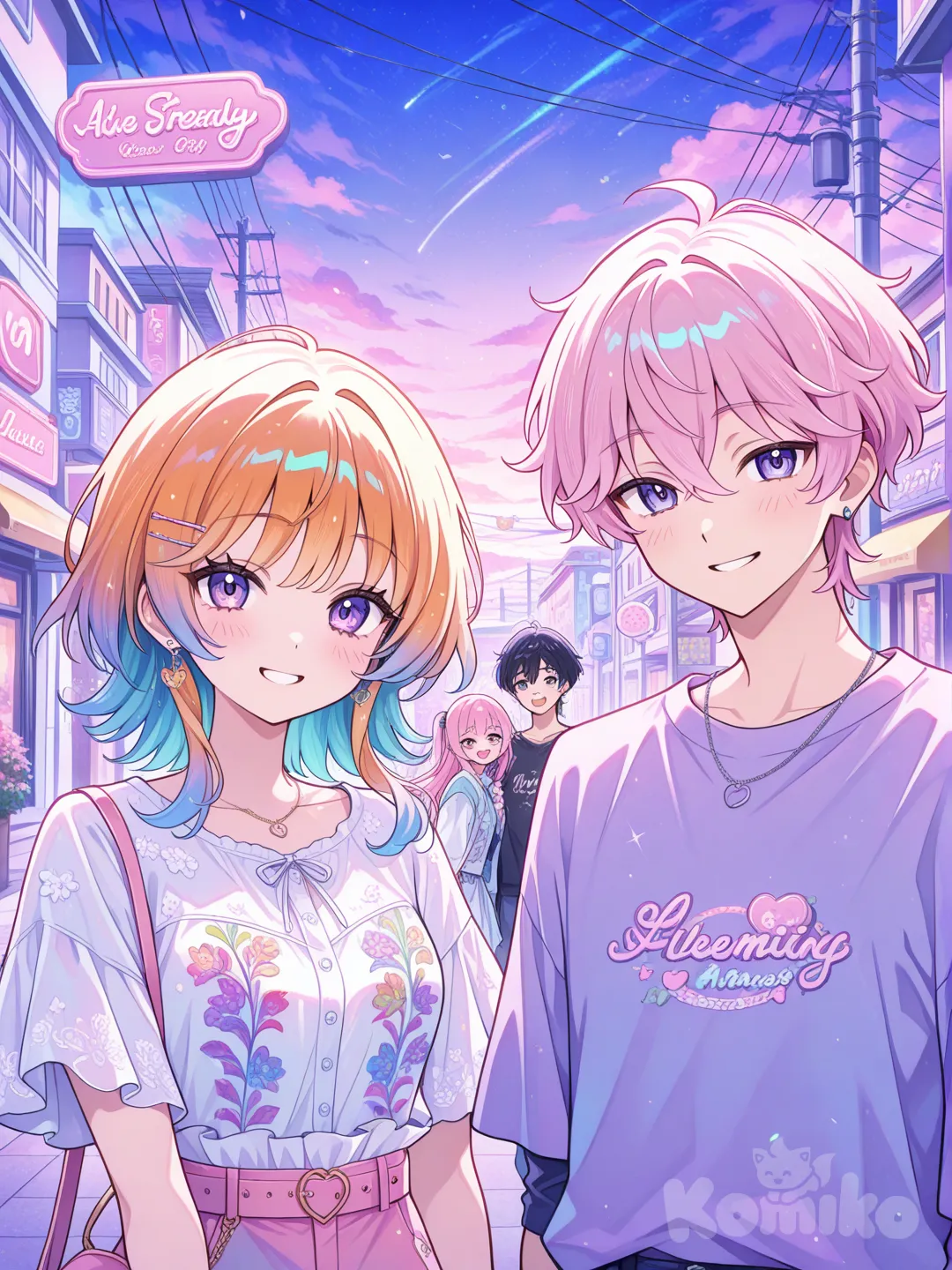 two anime girls, best friends, colorful anime style, artwork, 1boy