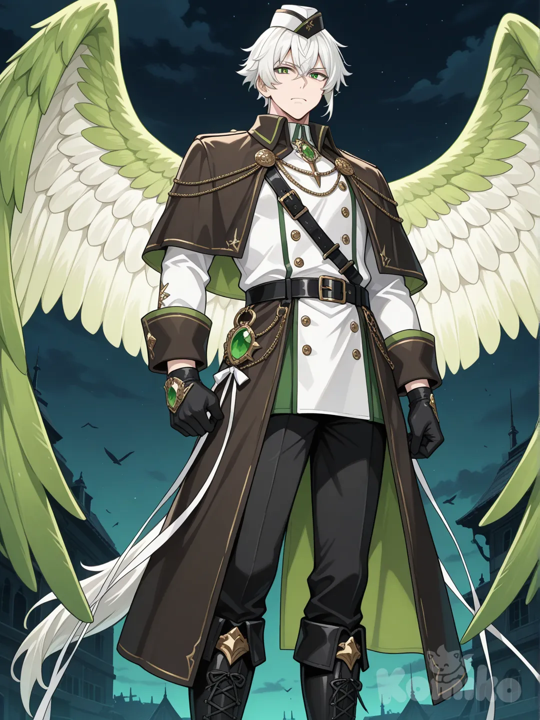 อนิเมะธีมเป็นโลกที่ล้มสลายในความมืด
เป็นชายวัยผู้ใหญ่อายุ25ปีมีความหล่อเท่ ตัวสูง มีนิสัยจริงจัง
มีรูปร่างเป็นมนุษย์ครึ่งนก มีหางและปีกมีสีเขียวขาว ชุดเป็นธีมชุดนักผจญภัยผสมชุดนักสืบผสมชุดทหารผสมชุดขุนนางผสมชุดผู้บัญชาการเป็นเสื้อโค้ทตัวยาวสีดำ-ขาว มีกระดุมสองแถว และลายตกแต่งสีเขียวสไตล์แฟนตาซีเครื่องประดับเป็นอัญมณีและเครื่องประดับโลหะต่างๆ สวมเข็มขัดสีดำและมีริบบิ้นยาวมากสีเขียวขาวห้อยลงจากชุด สวมหมวกแก็ปสีดำขาว สวมกางเกงสีดำ
มีธีมสีดำขาวเขียว ผมสั้นเท่ๆสีขาวปลายผมสีเขียว 
สีดวงตาเป็นสีเขียว และถุงมือสีดำ สวมรองเท้า.anime screencap, [glossy-anime-style]