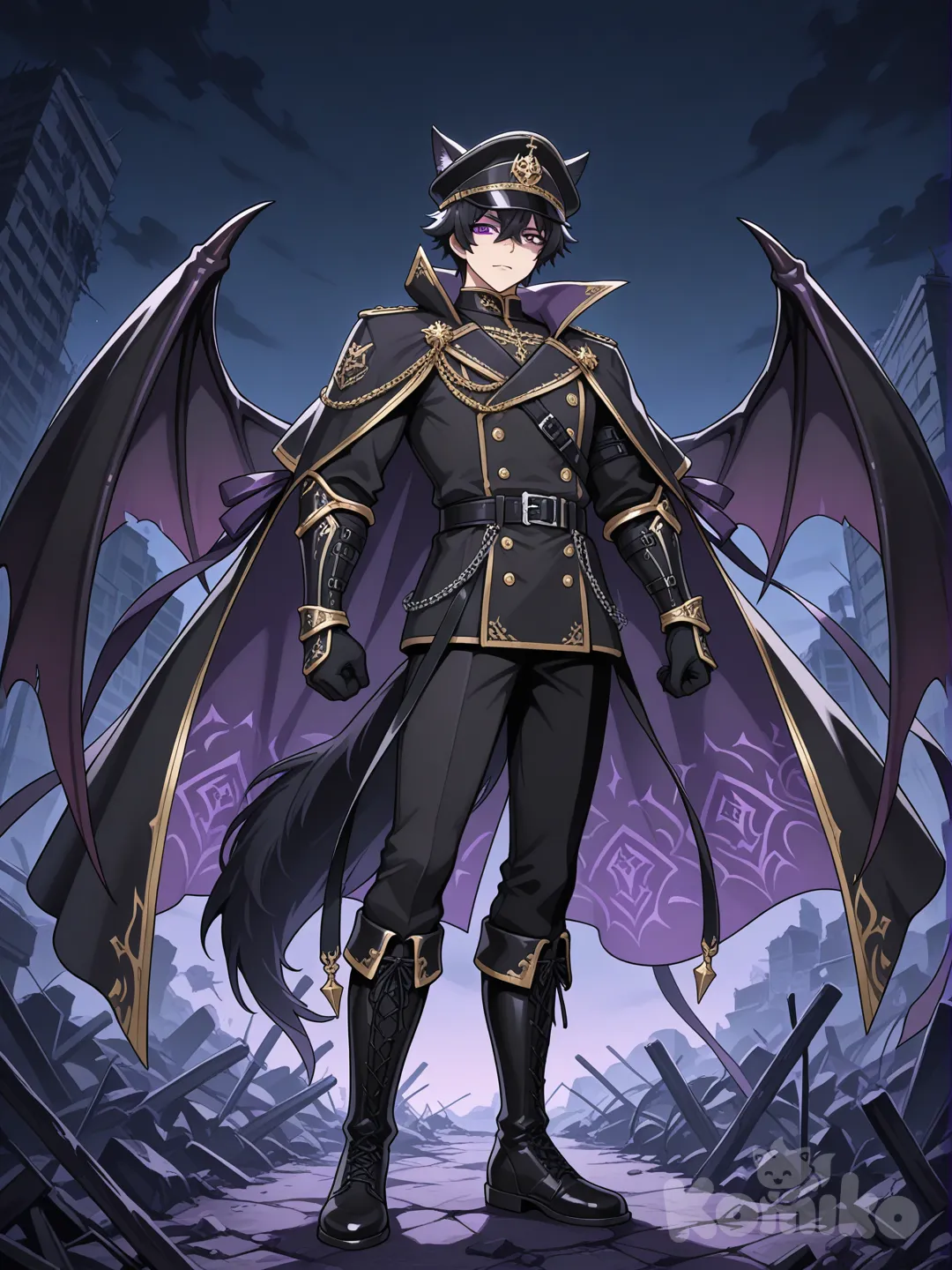 อนิเมะธีมเป็นพื้นหลังโลกที่ล่มสลายในความมืด เป็นชายวันรุ่นอายุ20ปี มีความเท่ หล่อ หุ่นดี
มีรูปร่างเป็นมนุษย์ครึ่งหมาป่าปีศาจ มีเขาสีม่วงดำขนาดเล็กมากๆ มีปีกปีศาจสีดำ มีหูหมาป่าและมีหางยาว มีชุดเป็นชุดจักรพรรดิปีศาจผสมชุดสูทผสมชุดสไตล์ญี่ปุ่นสมัยใหม่ผสมชุดนักฆ่าผสมความแฟนตาซีผสมโซ่ผสมเพชรชุดมีสีดำมีกระดุมสีขาวสองแถวและริบบิ้นยาวสีดำม่วงห้อยลงมาจากชุด สวมถุงมือสีดำ มีเครื่องประดับเป็นยศทหาร สวมผ้าคลุมยาวคล้ายปีกสามเหลี่ยมครึ่งสีดำขาวลายสีทองสวมเข็มขัดสีดำ1เส้นพร้อมหัวเข็มขัดโลหะ สวมหมวกทหารสีด ส่วนที่ดูคล้ายเกราะหรือปลอกแขนสีดำที่มีลวดลายสีม่วงอยู่บริเวณแขนทั้ง2ข้าง
 ผมสั้นเท่ๆสีดำปลายผมมีสีม่วงสีดวงตาสีม่วง สวมรองเท้า
anime screencap, [glossy-anime-style], full body