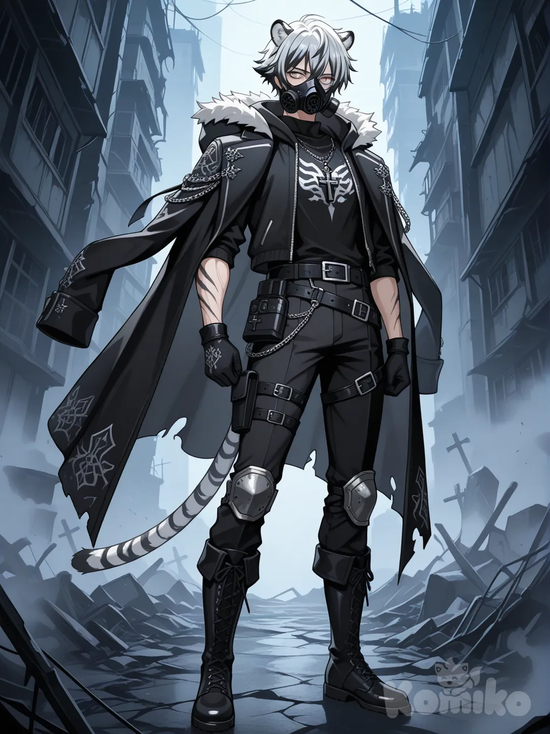 อนิเมะธีมเป็นโลกที่ล้มสลายในความมืดมิด
เป็นชายอายุ20ปี หล่อเท่ห์ รูปร่างเหมือนนายแบบ
มีรูปร่างเป็นมนุษย์ครึ่งเสือขาว มีหางและหู มีชุดมีเป็นธีมชุดนักฆ่าผสมชุดขุนนางผสมโซ่ผสมไม้กางเขนผสมสไตล์ดาร์กแฟนตาซีผสมความสมัยใหม่ชุดมีสีขาวครึ่งสีดำตอนบน มีเครื่องประดับเป็นจี้เพชรสีฟ้าอ่อน สวมเข็มขัดสีขาวดำหัวเหล็กหนึ่งเส้น สวมหน้ากากอนามัยสีดำ และสวมผ้าคลุมยาวแบบเสื้อฮู้ดมีดีไซน์ที่ดูทันสมัย แต่ไม่ใส่ฮู้ดมีริบบิ้นสีดำที่ห้อยลงมาจากเสื้อทั้ง2ด้านผมสั้นสีดำปลายผมมีสีขาว สีดวงตาเป็นสีเงิน สวมรองเท้าสีดำ anime screencap, [glossy-anime-style], full body