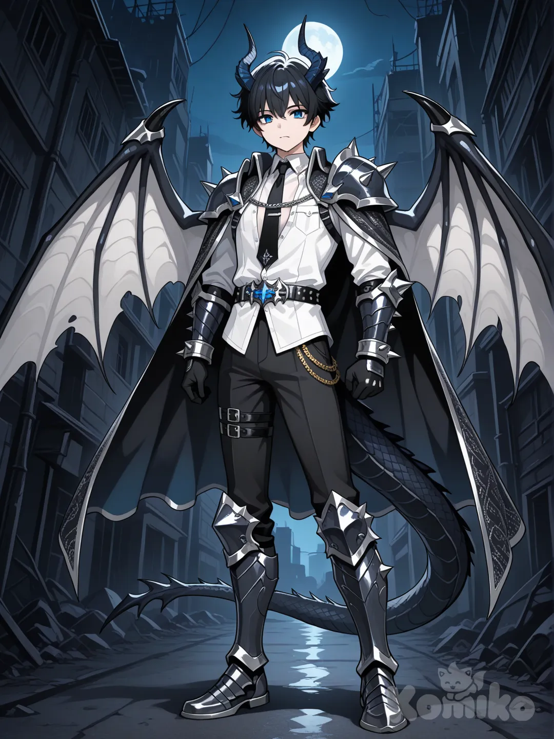 อนิเมะธีมพื้นหลังในโลกที่ล่มสลายในความมืด เป็นชายอายุ20ปีมีความหล่อเท่ๆ รูปร่างนายแบบ
เป็นมนุษย์มังกรมิติ มีปีกมังกรคล้ายค้างคาวมีสีดำและขาว มีเขามังกรขนาดเล็กมาก2เขาและมีหางขนาดเล็ก มีชุดเป็นธีมชุดทหารแบบMilitary-inspired uniformผสมเสื้อตัวใน: เชิ้ตสีขาวคอปกตั้ง ปลดกระดุมเล็กน้อยเพื่อให้ดูสบายๆ แต่ยังคงความสุภาพเสื้อคลุม ผ้าคลุมไหล่สีดำขลิบเงินมีความลึกลับชุดมีสีดำขาวและสีน้ำเงิน มีเกราะที่แหลมบริเวณ แขนบริเวณไหล่กางเกงทั้งสองข้างสีดำเข้มและสีน้ำเงิน มีเครื่องประดับ: มีสายคาดเอวและสนับแขนที่มีการตกแต่งลวดลายสีทอง ผมสั้นเท่ๆสีดำสลับกับปลายผมสีน้ำเงิน สีดวงตาสีน้ำเงิน สวมรองเท้าเกราะมังกรสีดำ สวมถุงมือสีดำ และสวมเน็คไทสีดำanime screencap, [glossy-anime-style], full body