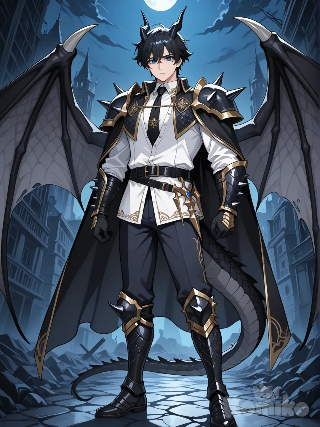 อนิเมะธีมพื้นหลังในโลกที่ล่มสลายในความมืด เป็นชายวัยรุ่นอายุ20ปีมีความหล่อเท่ๆ รูปร่างนายแบบ ตัวสูง
เป็นมนุษย์มังกรมิติ มีปีกมังกรคล้ายค้างคาวมีสีดำและขาว มีเขามังกรขนาดเล็กมาก2เขาและมีหางขนาดเล็ก มีชุดเป็นธีมชุดทหารแบบMilitary-inspired uniformผสมเสื้อตัวใน: เชิ้ตสีขาวคอปกตั้ง ปลดกระดุมเล็กน้อยเพื่อให้ดูสบายๆ แต่ยังคงความสุภาพเสื้อคลุม ผ้าคลุมไหล่สีดำขลิบเงินมีความลึกลับชุดมีสีดำขาวและสีน้ำเงิน มีเกราะที่แหลมบริเวณ แขนบริเวณไหล่กางเกงทั้งสองข้างสีดำเข้มและสีน้ำเงิน มีเครื่องประดับ: มีสายคาดเอวและสนับแขนที่มีการตกแต่งลวดลายสีทอง ผมสั้นเท่ๆสีดำสลับกับปลายผมสีน้ำเงิน สีดวงตาสีน้ำเงิน สวมรองเท้าเกราะมังกรสีดำ สวมถุงมือสีดำ และสวมเน็คไทสีดำanime screencap, [glossy-anime-style], full body