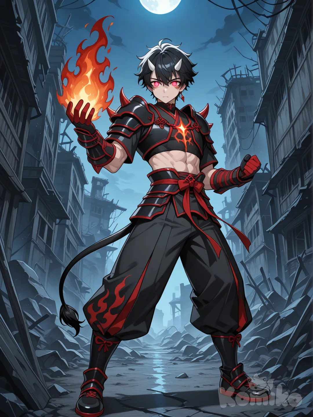 อนิเมะธีมเป็นพื้นหลังในโลกที่ล้มสลายแห่งความมืดของกลางคืน
เป็นชายวัยรุ่นอายุ25ปี หล่อเท่ห์ ตัวสูง รูปร่างเหมือนนายแบบ
เป็นมนุษย์ครึ่งคิจิน มีหางวัวขนาดเล็กและเขา2เขาขนาดเล็กมาก 
มีชุดเป็นธีมชุดสไตล์ญี่ปุ่นโบราณผสมชุดเทพญี่ปุ่นผสมชุดอสูรยักษ์ผสมชุดทหารแฟนตาซีผสมความลึกลับ โชว์หน้าท้องแค่เล็กน้อย ชุดมีสีดำแดงขาว มีผ้าคาดเอวสีดำแดง สวมกางเกง ขายาวสีดำ มีเครื่องประดับเป็นเพชร ผมสั้นเท่ๆสีดำปลายผมมีสีแดง สีดวงตาเป็นสีแดง มีพลังควบคุมไฟ สวมถุงมือสีดำแดงน้ำเงิน สวมรองเท้าสีดำ anime screencap, [glossy-anime-style], full body