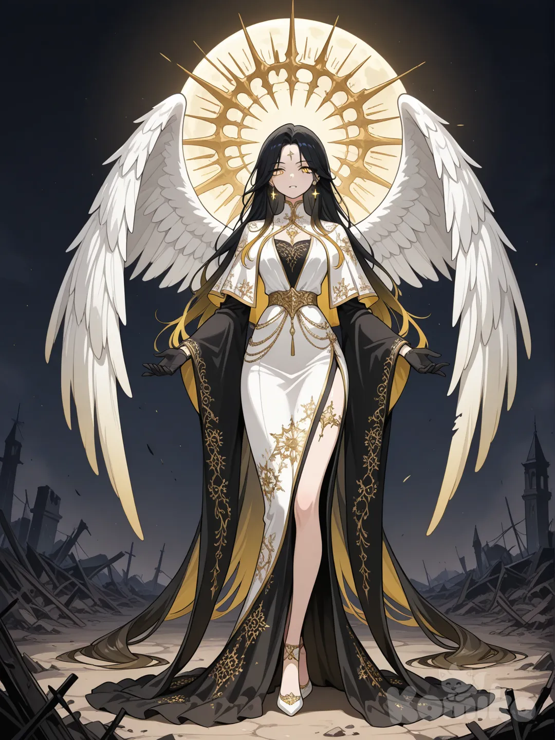 อนิเมะธีมพื้นหลังเป็นในโลกที่ล้มสลายในความมืด
เป็นหญิงวัยรุ่นตัวสูงอายุ25ปีมีความเป็นผู้นำมีความสวยงามและเจ้าแห่งการวางแผน รูปร่างแบบนางแบบตัวสูง ผอม
มีรูปร่างเป็นมนุษย์ครึ่งทูตสวรรค์ มีปีกทูตสวรรค์6ปีกมีสีขาวชุดเป็นชุดจักรพรรดินีผสชุดเดรสยาวเปิดขาผสมมีลายเป็นดาว,ดวงอาทิตย์,ดวงจันทร์ผสมผ้ายาวชุดมีสีดำผสมสีขาวลายสีเหลือง มีเครื่องประดับเป็นเพชร ดาว และความศักดิ์สิทธิ์ ผมยาวสีดำมีปลายผมมีสีขาวเหลือง สีดวงตาเป็นสีเหลืองทอง สวมถุงมือ สวมรองเท้า, anime screencap, [glossy-anime-style], full body