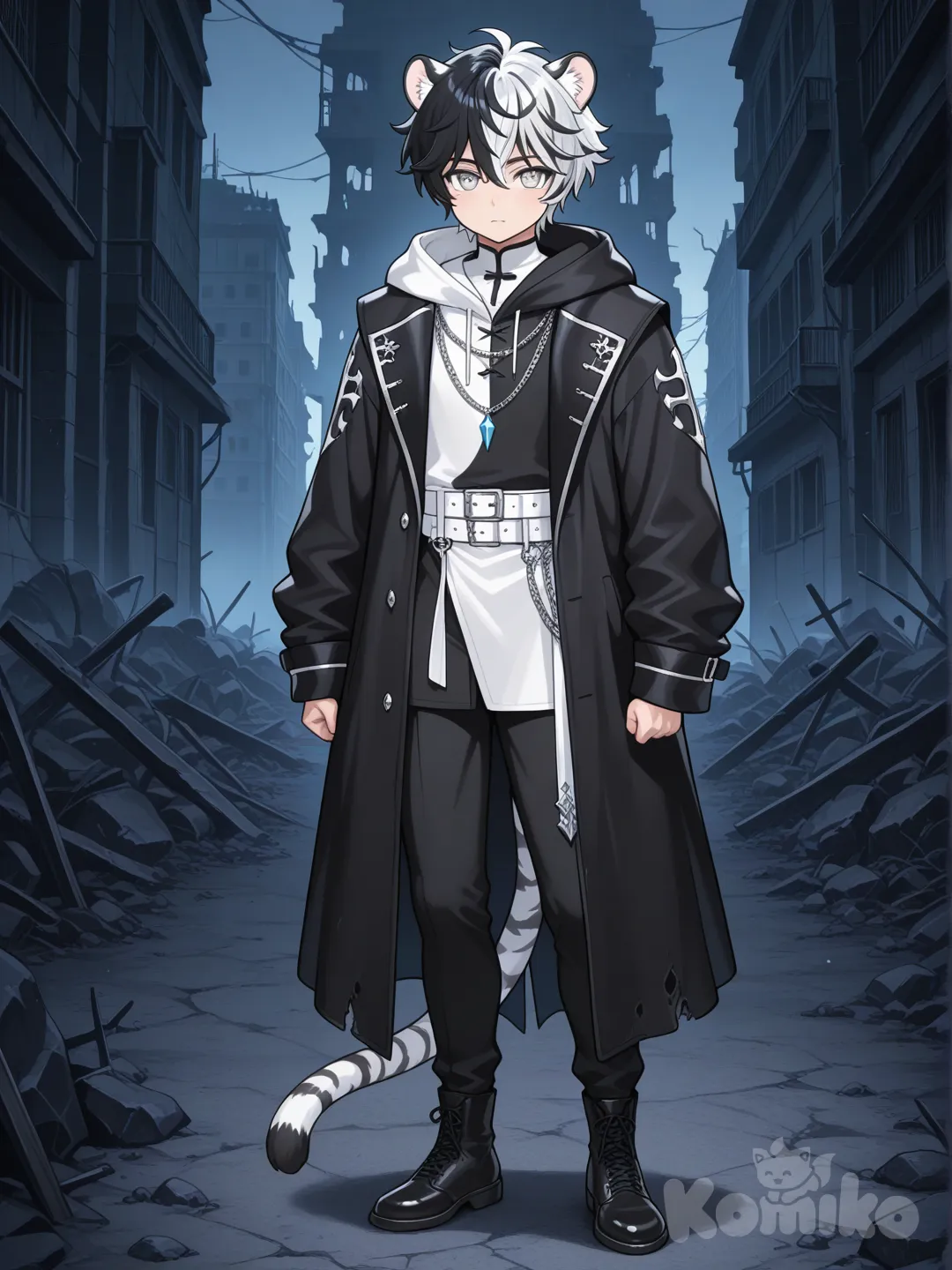 อนิเมะธีมเป็นโลกที่ล้มสลายในความมืดมิด
เป็นชายอายุ25ปี หล่อเท่ห์ รูปร่างเหมือนนายแบบ
มีรูปร่างเป็นมนุษย์ครึ่งเสือขาว มีหางและหู มีชุดมีเป็นธีมชุดนักฆ่าผสมชุดขุนนางผสมโซ่ผสมไม้กางเขนผสมสไตล์ดาร์กแฟนตาซีผสมความสมัยใหม่ชุดมีสีขาวครึ่งสีดำตอนบน มีเครื่องประดับเป็นจี้เพชรสีฟ้าอ่อน สวมเข็มขัดสีขาวดำหัวเหล็กหนึ่งเส้น และสวมผ้าคลุมยาวแบบเสื้อฮู้ดมีดีไซน์ที่ดูทันสมัย แต่ไม่ใส่ฮู้ดมีริบบิ้นสีดำที่ห้อยลงมาจากเสื้อทั้ง2ด้านผมสั้นสีดำปลายผมมีสีขาว สีดวงตาเป็นสีเงิน สวมรองเท้าสีดำ anime screencap, [glossy-anime-style], full body, portrait