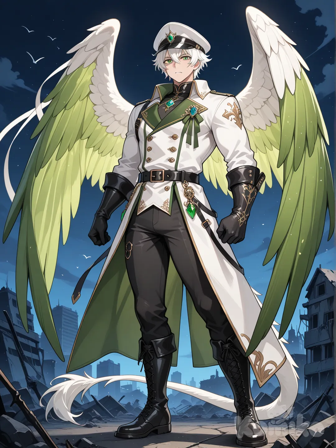 อนิเมะธีมเป็นโลกที่ล้มสลายในความมืดมิด
เป็นชายวัยอายุ25ปีมีความหล่อเท่ห์ รูปร่างสูงคล้ายนายแบบ
เป็นมนุษย์ครึ่งนก มีหางและปีกมีสีเขียวขาว ชุดเป็นธีมชุดนักผจญภัยผสมชุดนักสืบผสมชุดทหารผสมชุดขุนนางผสมชุดผู้บัญชาการเป็นเสื้อโค้ทตัวยาวสีดำ-ขาว มีกระดุมสองแถว และลายตกแต่งสีเขียวสไตล์แฟนตาซีเครื่องประดับเป็นอัญมณีและเครื่องประดับโลหะต่างๆ สวมเข็มขัดสีดำและมีริบบิ้นยาวมากสีเขียวขาวห้อยลงจากชุด สวมหมวกแก็ปสีดำขาว สวมกางเกงสีดำ
มีธีมสีดำขาวเขียว ผมสั้นเท่ๆสีขาวปลายผมสีเขียว 
สีดวงตาเป็นสีเขียว และถุงมือสีดำ สวมรองเท้า.anime screencap, [glossy-anime-style], full body, portrait