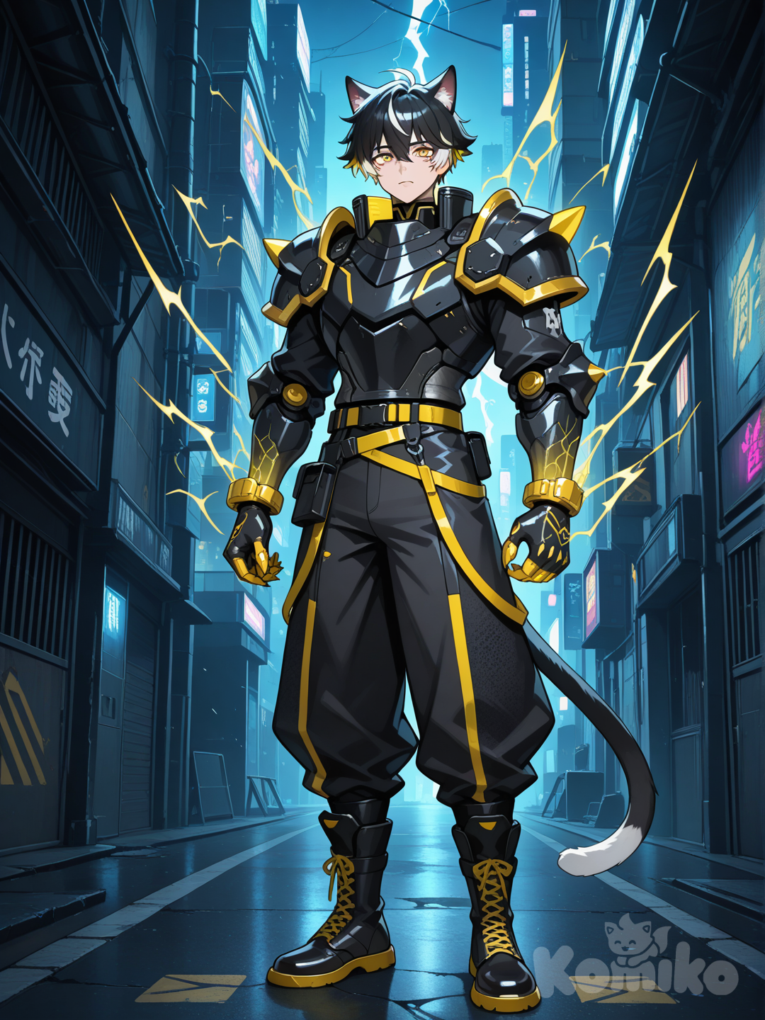 อนิเมะธีมเป็นพื้นหลังในโลกที่ล้มสลายในความมืด เป็นชายวัยรุ่นอายุ 25ปี หล่อเท่
มีรูปร่างเป็นมนุษย์ครึ่งแมว มีหางและหู
มีธีมชุดเป็นชุดแนวเทคล้ำไซเบอร์พังค์ผสมชุดจักรพรรดิผสมชุดเกราะอัศวินสีดำลายสีเหลือง มีลวดลายกราฟิกเชิงเรขาคณิตและตัวอักษร
กางเกงขายาวสีดำ ดีไซน์ล้ำสมัย สีดำ-เหลืองสวมเข็มขัดสีดำเหลือง มีส่วนโครงสร้างแหลมคมคล้ายปีกอยู่บนหลัง
สวมรองเท้า มีถุงมือกรงเล็บผสมเทคโนโลยีธีมเป็นสายฟ้าเหลืองอาวุธ ผมสั้นเท่ๆสีขาวสีดำเหลือง
สีดวงตาสีเหลือง มีพลังเป็นการควบคุมสายฟ้าanime screencap, [glossy-anime-style], full body, portrait