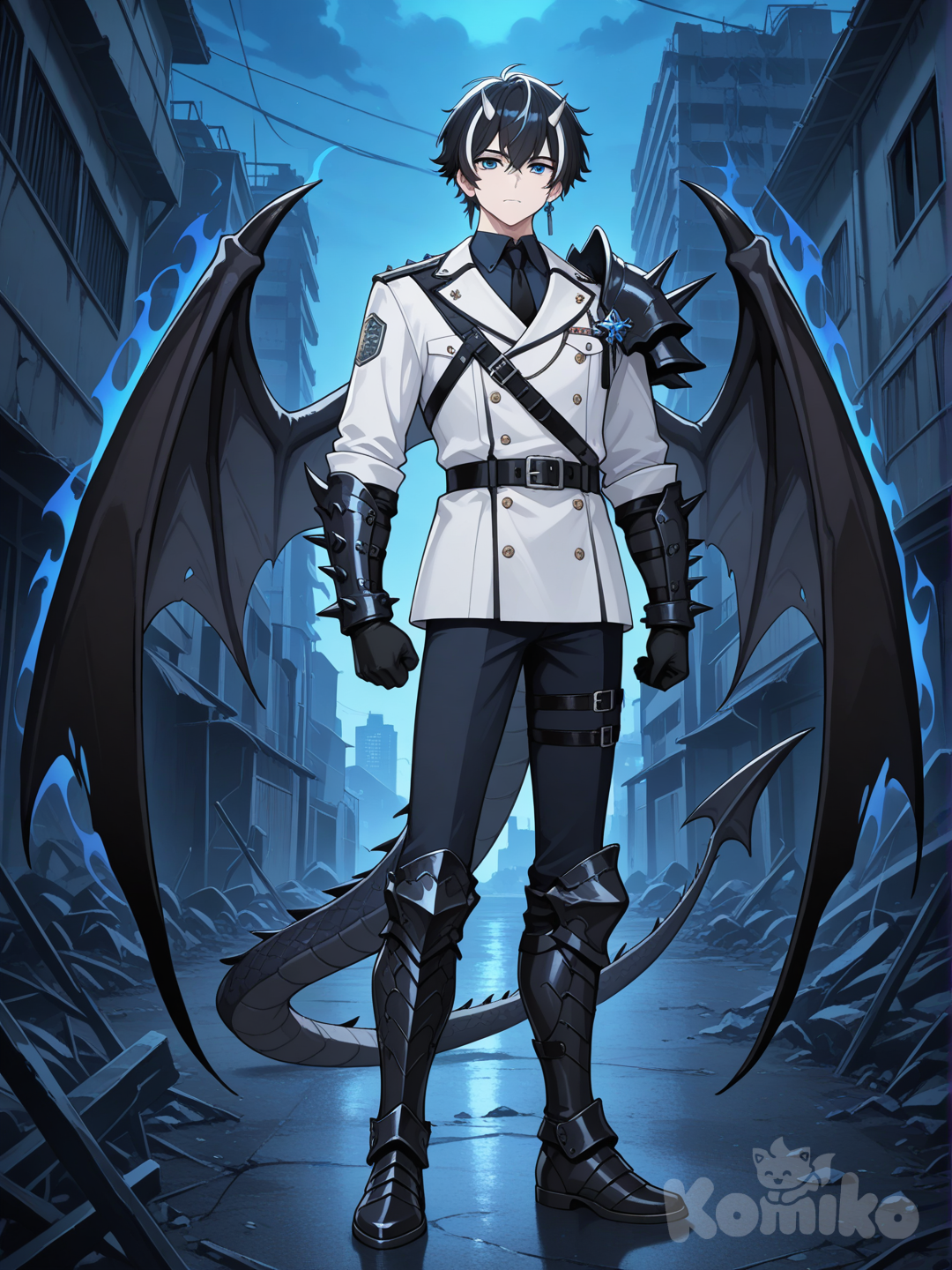 อนิเมะธีมเป็นในโลกที่ล้มสลายในกลางคืน เป็นชายอายุ25ปีมีความหล่อเท่ รูปร่างสูงผอมเหมือนนายแบบ ผู้ใหญ่ มีความเป็นผู้นำ  เป็นมนุษย์มังกรมิติ มีปีกมังกรขนาดใหญ่เป็นปีกแบบค้างคาวมีสีดำ มีเขามังกรขนาดเล็ก2เขาและมีหางขนาดเล็กปลายหางแหลมลงพื้น มีชุดเป็นธีมชุดทหารแบบMilitary-inspired uniformผสมชุดสไตล์ญี่ปุ่นสมัยใหม่ผสมชุดสไตล์ดาร์กแฟนตาซีชุดมีสีขาวสีดำและสีน้ำเงิน มีการสวมเข็มขัดสีดำหัวเหล็กมีแค่เส้นเดียว มีเกราะที่แหลมบริเวณ แขนบริเวณไหล่กางเกงทั้งสองข้างสีดำเข้มและสีน้ำเงิน มีเครื่องประดับเป็นจี้รูปดาบที่หู ผมสั้นเท่ๆสีดำสลับสีขาวกับปลายผมสีน้ำเงิน สีดวงตาสีน้ำเงิน สวมรองเท้าเกราะคล้ายมังกรสีดำ สวมถุงมือสีดำ สวมเน็คไทสีดำ  anime screencap, [glossy-anime-style], full body, portrait