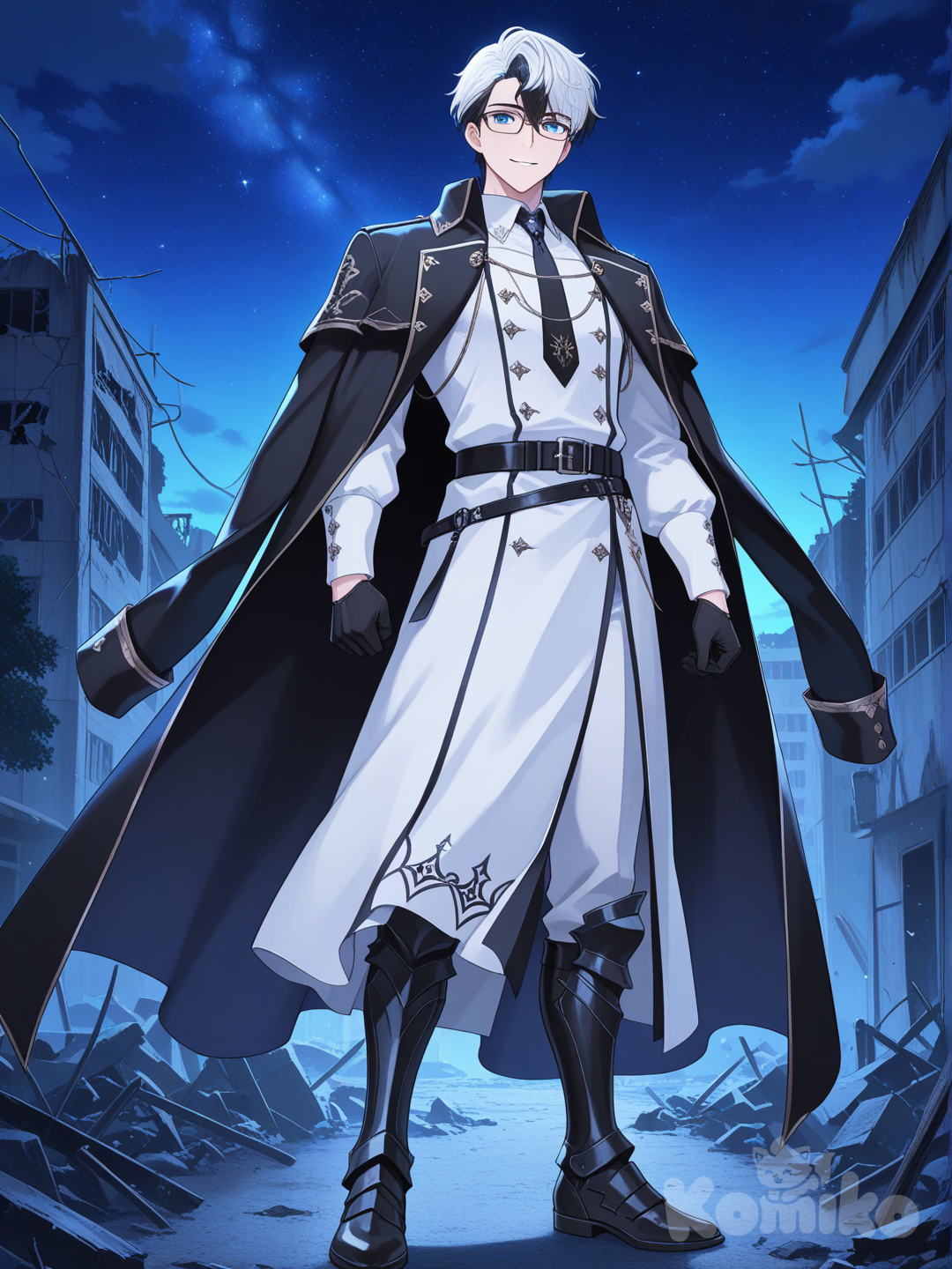 อนิเมะธีมเป็นในโลกที่ล้มสลายในกลางคืน เป็นชายอายุ25ปีมีความหล่อเท่ รูปร่างสูงผอมเหมือนนายแบบ ผู้ใหญ่ มีนิสัยใจดีและอ่อนโยน เป็นมนุษย์ มีชุดเป็นธีมชุดสไตล์ญี่ปุ่นสมัยใหม่ผสมชุดบรรณารักษ์ผสมแฟนตาซีชุดมีสีขาวสีดำ มีการสวมเข็มขัดสีดำหัวเหล็กมีแค่เส้นเดียว มีผ้าคลุมไหล่ ผมสั้นเท่ๆสีดำสลับสีขาว สีดวงตาสีฟ้า สวมรองเท้าเกราะสีดำ สวมถุงมือสีดำ สวมเน็คไทสีดำ สวมแว่นตา anime screencap, [glossy-anime-style], full body, portrait
