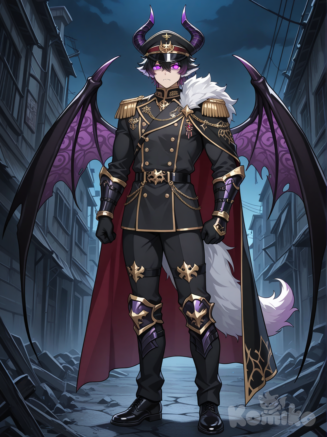 อนิเมะธีมเป็นพื้นหลังโลกที่ล่มสลายในความมืด เป็นชายวันรุ่นอายุ25ปี มีความเท่ หล่อ หุ่นดี รูปร่างเหมือนนายแบบ มีรูปร่างเป็นมนุษย์ครึ่งหมาป่าปีศาจ มีเขาสีม่วงดำขนาดเล็กมากๆ มีปีกปีศาจสีดำ มีหูหมาป่าและมีหางยาว มีชุดเป็นชุดจักรพรรดิปีศาจผสมชุดสูทผสมชุดสไตล์ญี่ปุ่นสมัยใหม่ผสมชุดนักฆ่าผสมความแฟนตาซีผสมโซ่ผสมเพชรชุดมีสีดำมีกระดุมสีขาวสองแถวและริบบิ้นยาวสีดำม่วงห้อยลงมาจากชุด สวมถุงมือสีดำ มีเครื่องประดับเป็นยศทหาร สวมผ้าคลุมยาวคล้ายปีกสามเหลี่ยมครึ่งสีดำขาวลายสีทองสวมเข็มขัดสีดำ1เส้นพร้อมหัวเข็มขัดโลหะ สวมหมวกทหารสีด ส่วนที่ดูคล้ายเกราะหรือปลอกแขนสีดำที่มีลวดลายสีม่วงอยู่บริเวณแขนทั้ง2ข้าง  ผมสั้นเท่ๆสีดำปลายผมมีสีม่วงสีดวงตาสีม่วง สวมรองเท้า anime screencap, [glossy-anime-style], full body, portrait