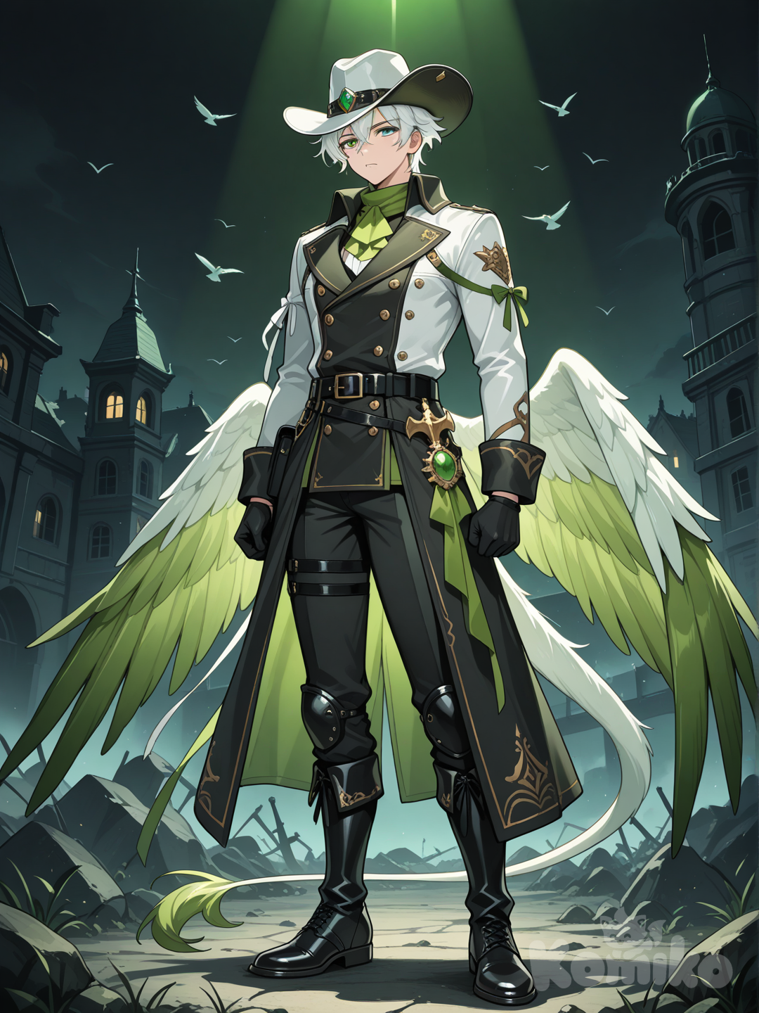 อนิเมะธีมเป็นโลกที่ล้มสลายในความมืดมิด เป็นชายวัยอายุ25ปีมีความหล่อเท่ห์ รูปร่างสูงคล้ายนายแบบ เป็นมนุษย์ครึ่งนก มีหางและปีกมีสีเขียวขาว ชุดเป็นธีมชุดนักสืบผสมชุดทหารผสมชุดขุนนางผสมชุดผู้บัญชาการเป็นเสื้อโค้ทตัวยาวสีดำ-ขาว มีกระดุมสองแถว และลายตกแต่งสไตล์แฟนตาซีเครื่องประดับเป็นอัญมณีและเครื่องประดับโลหะต่างๆ สวมเข็มขัดสีดำและมีริบบิ้นยาวมากสีเขียวขาวห้อยลงจากชุด สวมหมวกแก็ปสีดำขาว สวมกางเกงสีดำ มีธีมสีดำขาวเขียว ผมสั้นเท่ๆสีขาวปลายผมสีเขียว  สีดวงตาเป็นสีเขียว และถุงมือสีดำ สวมรองเท้า.anime screencap, [glossy-anime-style], full body, portrait