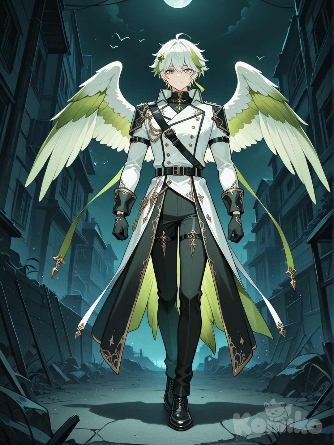 อนิเมะธีมเป็นโลกที่ล้มสลายในความมืดมิด เป็นชายวัยอายุ25ปีมีความหล่อเท่ รูปร่างสูงคล้ายนายแบบ ผอมสูง เป็นมนุษย์ครึ่งนก มีหางและปีกมีสีเขียวขาว ชุดเป็นธีมชุดนักสืบผสมชุดคาวบอยผสมชุดผู้บัญชาการไฮเทคเป็นเสื้อโค้ทตัวยาวสีดำ-ขาว มีกระดุมสองแถว และลายตกแต่งสไตล์แฟนตาซีเครื่องประดับเป็นอัญมณีและเครื่องประดับโลหะต่างๆ สวมเข็มขัดสีดำและมีริบบิ้นยาวมากสีเขียวขาวห้อยลงจากชุด สวมหมวกคาวบอยสีดำขาว สวมกางเกงสีดำ มีธีมสีดำขาวเขียว ผมสั้นเท่ๆสีขาวปลายผมสีเขียว  สีดวงตาเป็นสีเขียว และถุงมือสีดำ สวมรองเท้า.anime screencap, [glossy-anime-style], full body, portrait