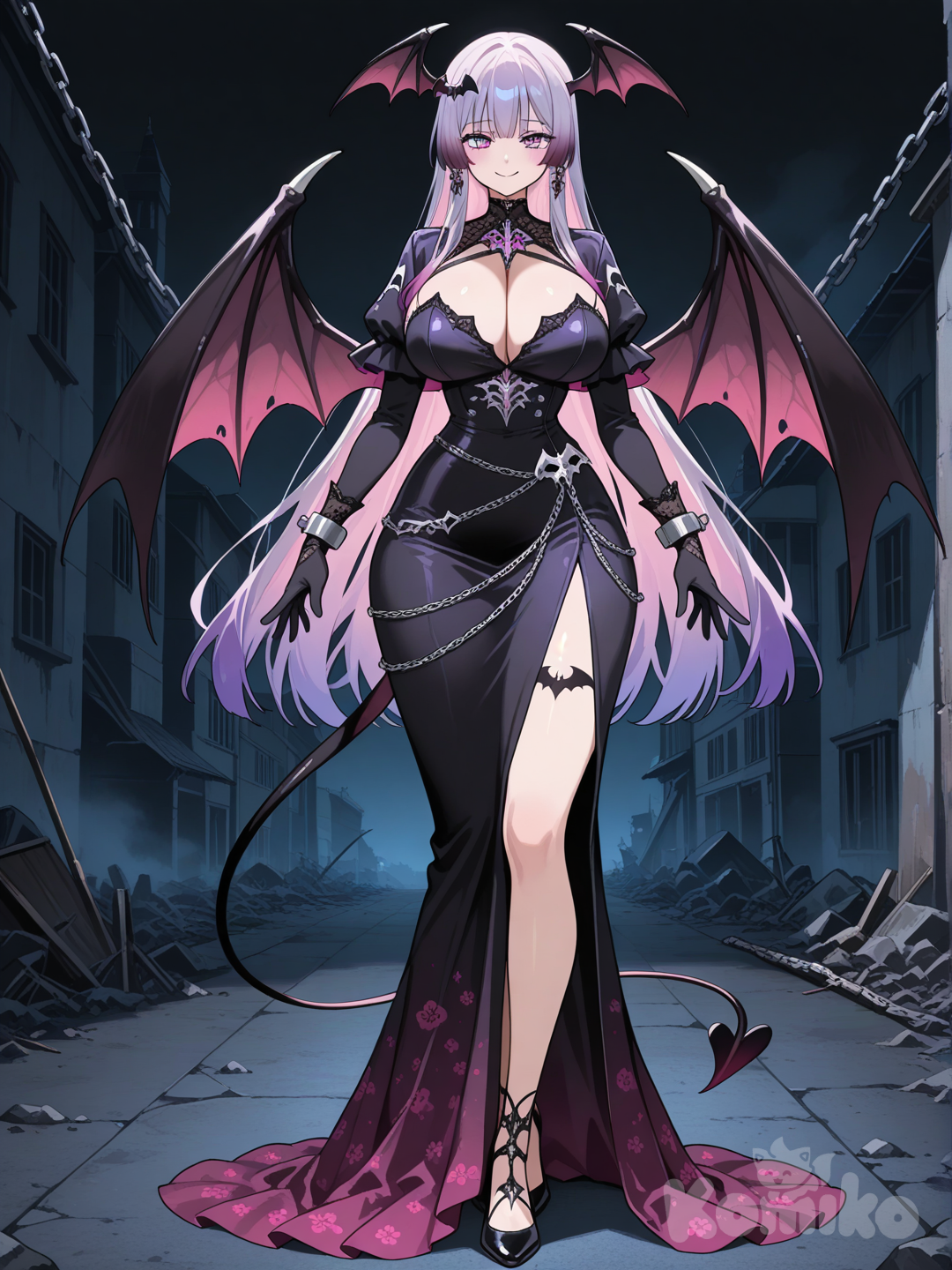 อนิเมะธีมพื้นหลังเป็นในโลกที่ล้มสลายในความมืด เป็นหญิงวัยรุ่นอายุ20 ปีมีความอ่อนโยนและมีหน้าอก ยืนตรงกลาง รูปร่างสูงแบบนางแบบ  มีรูปร่างเป็นแวมไพร์ มีปีกสีดำม่วง และมีหาง ชุดเป็นชุดสไตล์โกธิคผสมชุดสไตล์ผู้เก็บเกี่ยววิญญาณผสมชุดราตรียาวมากผสมโซ่ผสมผ้ายาวชุดมีสีดำม่วงชมพูมีการไล่โทนสีและมีลายดอกซากุระ มีเครื่องประดับเป็นค้างคาว มีโซ่ยาวเป็นอาวุธธีมการควบคุม ผมยาวสีดำม่วงปลายผมมีสีชมพูอ่อน สีดวงตาเป็นสีชมพูม่วง สวมถุงมือสีดำและรองเท้าสีดำanime screencap, [glossy-anime-style], full body