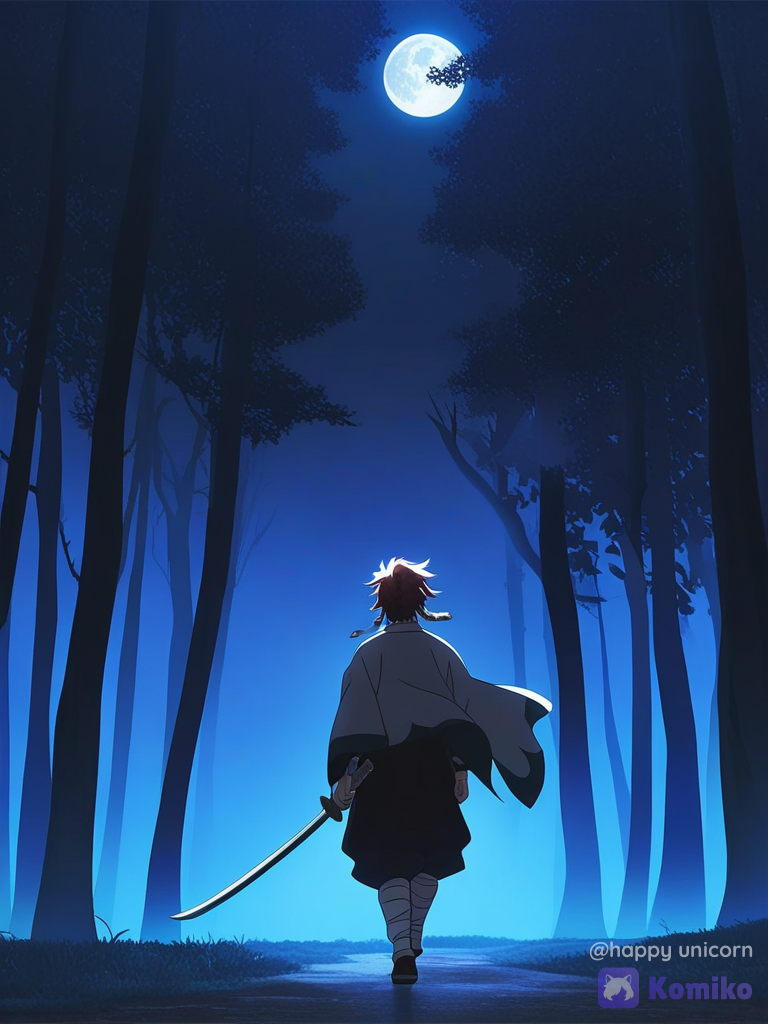 [bright-anime-style], Tanjiro Kamado caminhando por uma floresta escura durante a noite, segurando sua katana, lua cheia iluminando as árvores, névoa rasteira cobrindo o chão, atmosfera misteriosa, anime cinematográfico, iluminação dramática, ultra Demon Slayer style, dynamic composition, vibrant colors, epic scene, @Kamado_Tanjirou