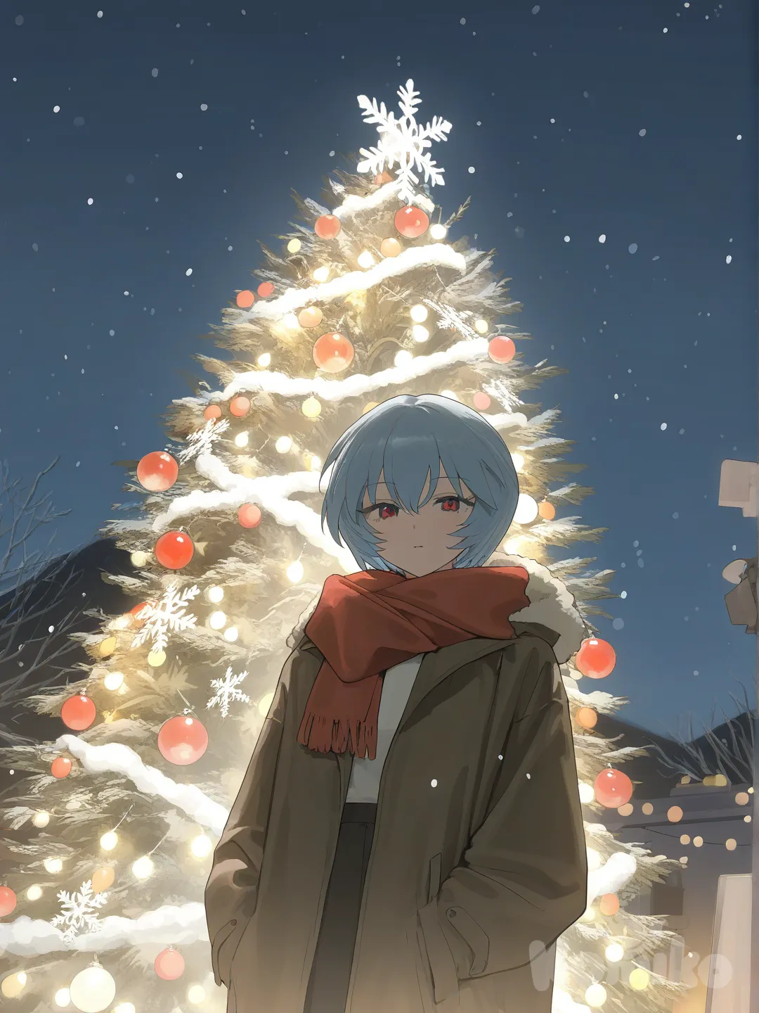 1girl, ayanami rei, christmas tree, standing outside, snowing, snowflakes, christmas lights