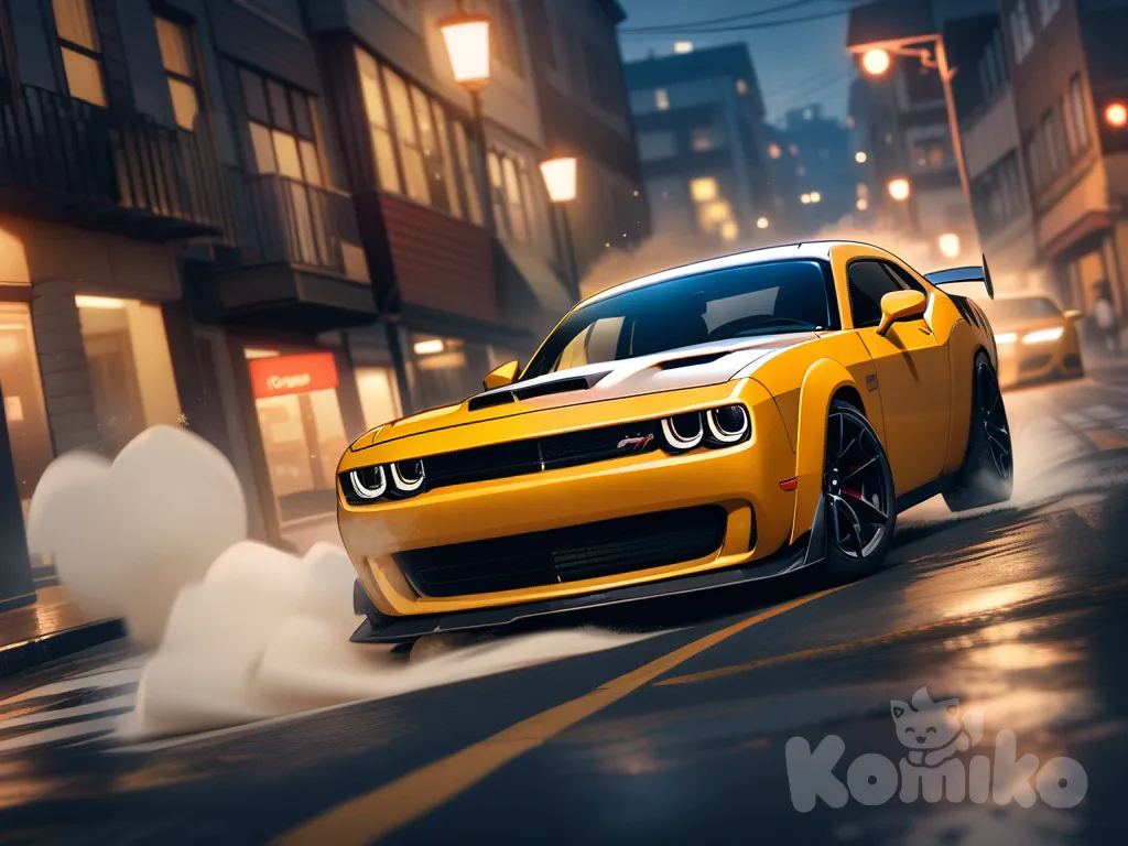dodge challenger srt Demon, 1car, yellow color, full body, drifting in town