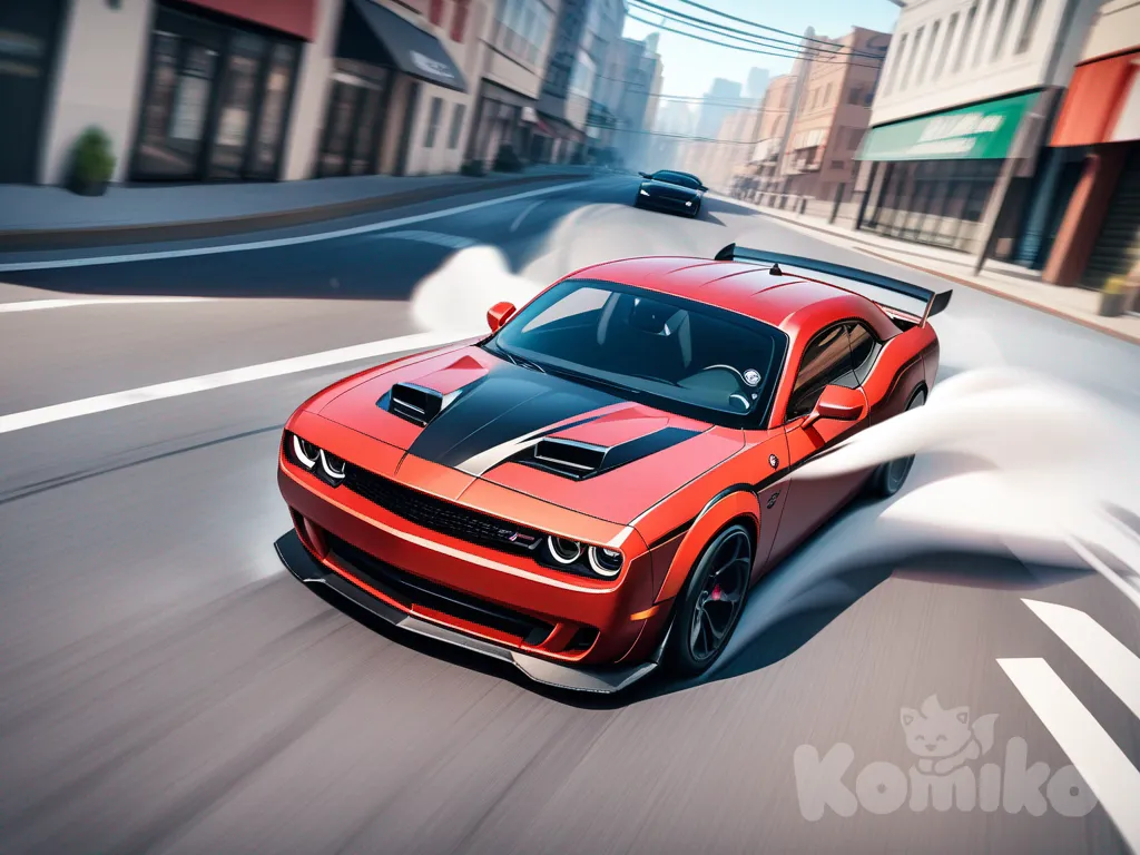 dodge challenger srt hellcat, 1car, red color, full body, drifting in town, smoke
