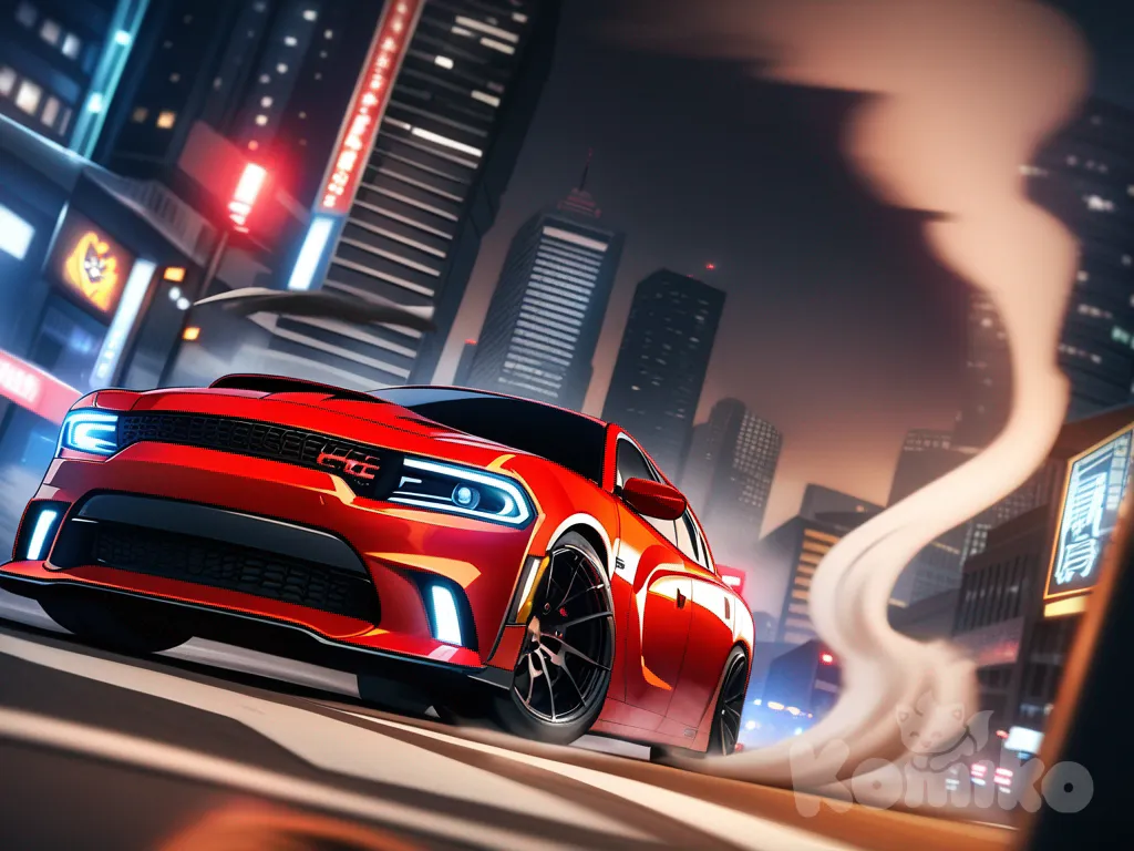 dodge charger srt hellcat, 1car, red color, full body, drifting in american down town, in smoke, midnight