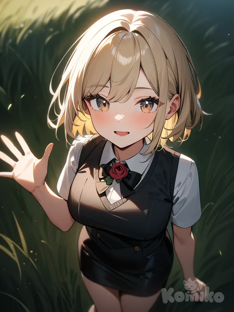 1girl, waving, school vest, pencil skirt, little black dress, lace, corsage, blonde hair, ivory white, headshot, full body, ambient light, grassland