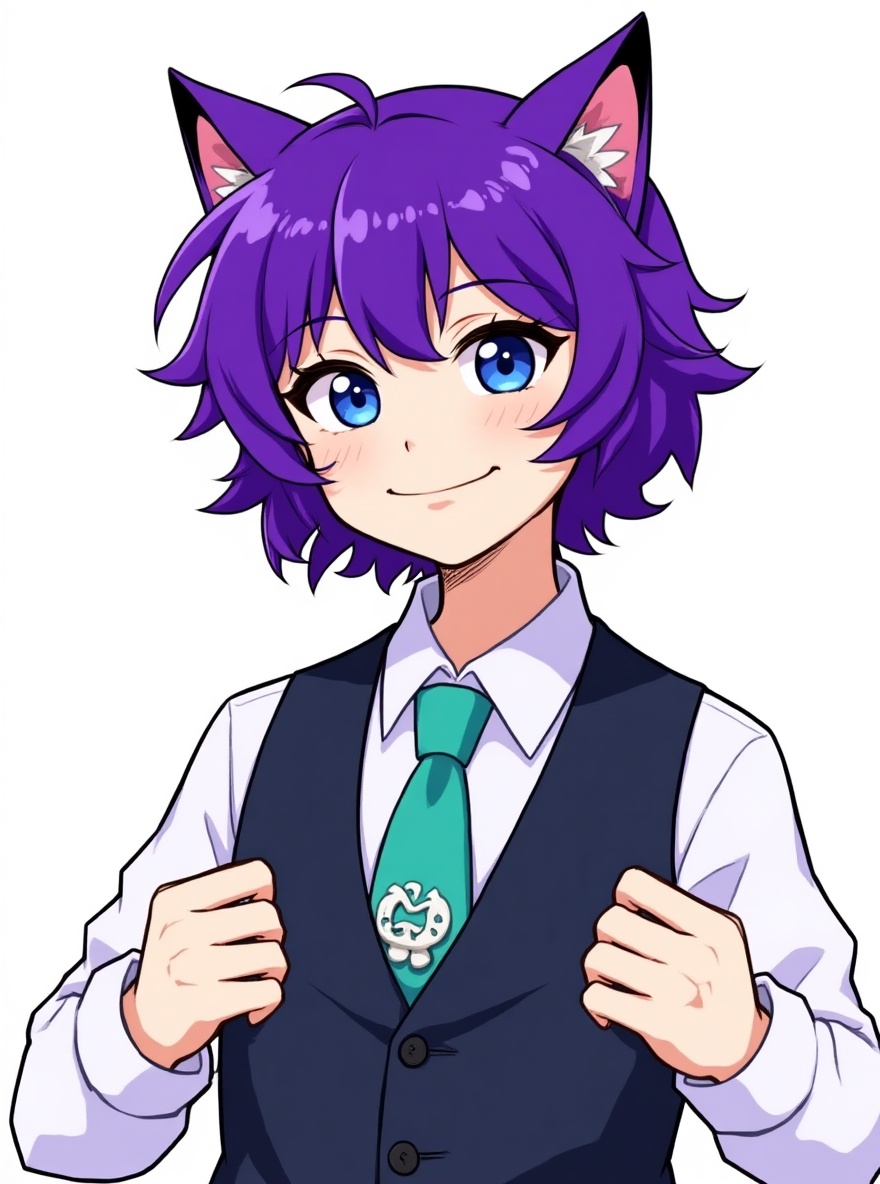 1boy, 1000000078, tall, slender, cascading curls, enchanting eyes, chic fashion, gentle features, infectious smile, elegant stance, vivid jewelry, purple hair, blue eyes, tan skin, school vest, jeans, fox ears, headphones, teenage, dynamic hand gestures, curly hair, single character, full body, looking at viewer, anime style, simple background, white background