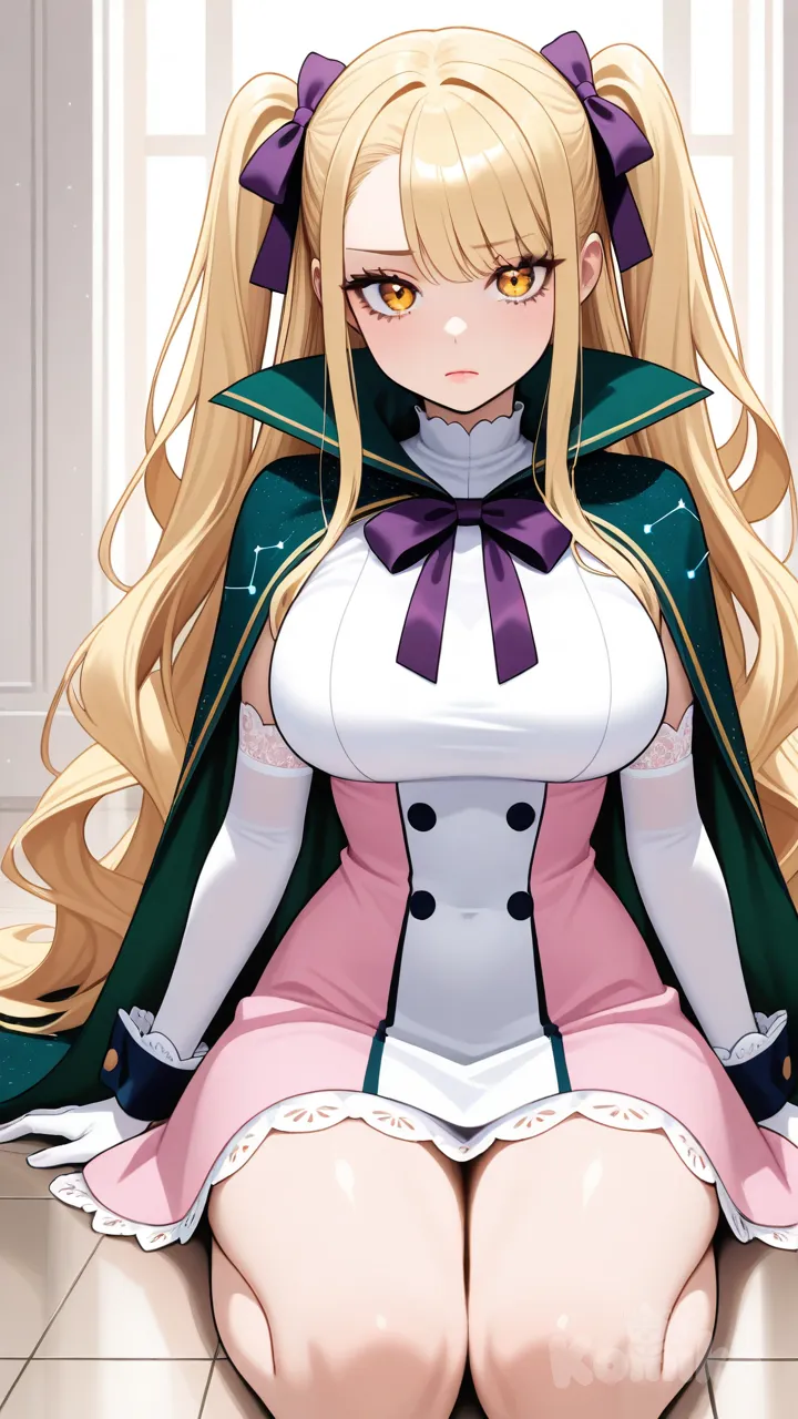 1girl, 
1. Tóc:
Màu vàng óng, rất dài (dài đến tận chân).
Tóc xoăn nhẹ ở phần đuôi.
Buộc hai bên bằng nơ màu tím đậm.
Có tóc mái rẽ lệch sang phải, vài lọn nhỏ thả trước trán.
2. Mắt:
Màu vàng nhạt hoặc hổ phách.
Mắt to, ánh nhìn hơi buồn và nghiêm.
Mi mắt dài, viền đậm, tạo cảm giác sắc sảo.
3. Mặt:
Khuôn mặt nhỏ, cằm nhọn nhẹ.
Mũi nhỏ, cao vừa phải.
Miệng nhỏ, môi hồng nhạt.
4. Trang phục:
Váy ngắn màu hồng nhạt pha trắng, bó sát người.
Trước ngực có bốn nơ nhỏ màu đen.
Áo cổ cao, không tay.
Áo choàng dài phía sau màu xanh đậm, có họa tiết chòm sao.
5. Găng tay:
Màu tím đậm, dài đến giữa cánh tay.
Có viền hoa văn nhỏ ở cổ tay.
6. Phụ kiện:
Hai nơ lớn màu tím buộc tóc sau đầu.
7. Thân hình:
Cao, dáng thon gọn.
Vòng eo nhỏ, ngực đầy đặn.