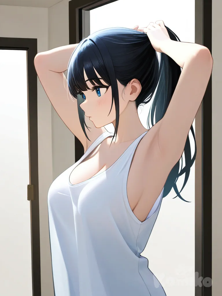 1girl, thân hình hoàn hảo, mặc áo sát nách, áo rộng thùng thình, áo bị trượt về phía khe ngực, lấp ló thấy nipples, nhìn từ bên hông, 2 tay giơ lên buột tóc, medium breasts, NSFW, R18