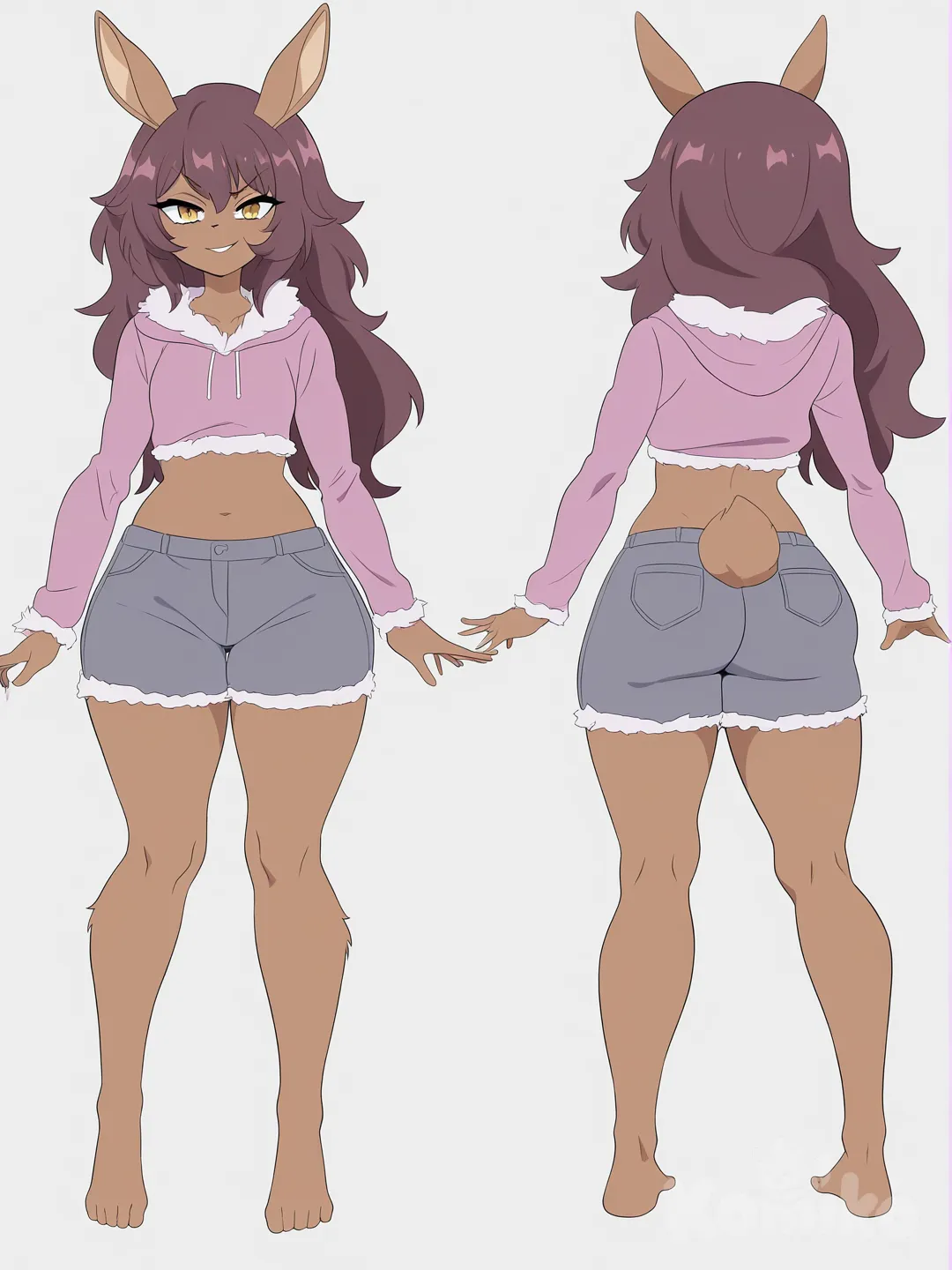 [bright-anime-style] 1girl, furry, mature female, curvy, petite, small breasts, thick thighs, long hair, bunny ears, sassy expression, short stature, reference sheet, cropped hoodie, booty shorts, single character, full body, looking at viewer, anime style, simple background, white background, color fur brown, color all, barefoot, back view, nude view