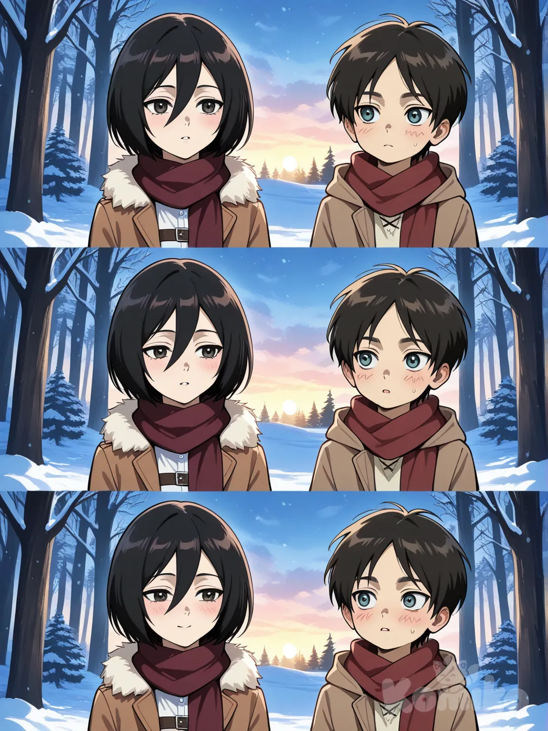 eren yeager un niño de 11 años esta en medio de un bosque y esta frente a Mikasa Ackerman una niña de 11 años y eren le ponía una bufanda roja porque Eren la salvo de los traficantes de esclavos y Eren le decía toma con esto no tendrás frío