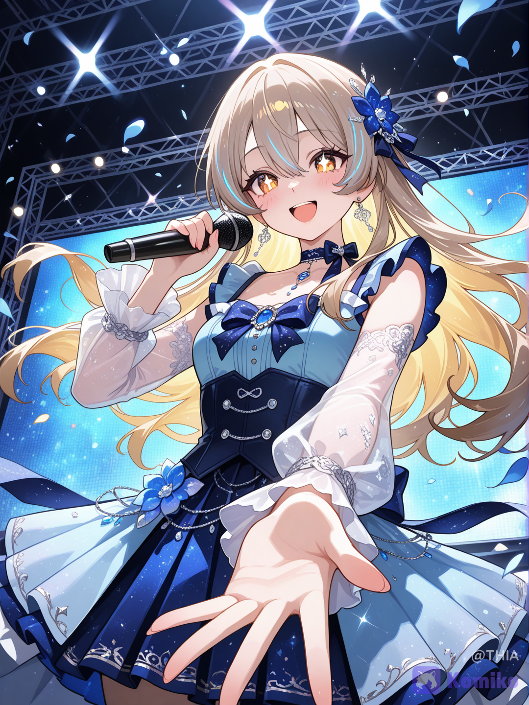 A stunning anime illustration of a young female idol performing on stage, captured from a dramatic low-angle perspective that emphasizes her energy and presence. She has long, silky light-brown hair with subtle golden highlights, cascading down to her waist in soft layers. Her hair flows dynamically around her due to her movement, with individual strands catching the warm stage lights and creating a glowing, almost ethereal effect. She has large, sparkling golden-amber eyes with intricate gradients and luminous reflections, long eyelashes, soft rosy cheeks, a small delicate nose, and an open, joyful smile as she sings. Her hair is adorned with an elegant blue floral ornament on one side, decorated with translucent petals and delicate metallic accents. She wears matching turquoise-blue gemstone earrings that catch and reflect the stage lights. Around her neck is a decorative flower-shaped ribbon choker in deep navy blue, featuring layered petals and a small jewel at its center. She is dressed in a beautiful idol-inspired sleeveless dress in shades of pale blue, silver-gray, and soft white. The bodice is fitted and highly featuring subtle vertical pleats, delicate ruffled trim around the neckline, small decorative buttons, and soft fabric folds that suggest lightweight satin and chiffon materials. The shoulders are adorned with layered floral frills in matching blue tones. Around her upper arms are elegant semi-transparent navy lace sleeves decorated with tiny sparkling details, giving the appearance of stars scattered across a night sky. The dress cinches at the waist with a dark navy ribbon belt tied into an elaborate bow with a decorative jewel centerpiece. The skirt is voluminous and composed of multiple layers of flowing fabric, expanding outward as if she is twirling or moving across the stage. The lower portion features translucent layers, soft gradients, shimmering particles, delicate highlights, and ruffled edges that create a sense of motion and elegance. The fabric reflects the stage lighting with subtle glitter-like effects. She holds a black handheld microphone close to her mouth with one hand while her other arm extends outward, enhancing the dynamic performance pose. Her expression radiates happiness, enthusiasm, and confidence, conveying the excitement of a live concert. The setting is a modern concert stage illuminated by warm golden spotlights and dramatic backlighting. Behind her is a massive LED screen displaying a stylized portrait of her face with bright golden eyes, creating a layered composition that reinforces her idol identity. Multiple stage lights hang above, casting soft glows and rim lighting around her hair and silhouette. Tiny floating particles and glowing dust motes fill the air, adding a magical, cinematic atmosphere. The composition uses dramatic perspective, dynamic motion, and a combination of warm golden lights and cool blue shadows to create depth and contrast. Ultra-anime illustration, quality, highly eyes and hair, cinematic lighting, volumetric glow, dynamic fabric movement, professional concert stage atmosphere, idol performance aesthetic, painterly rendering, depth of field, high-resolution digital art, trending on Pixiv, breathtaking lighting effects, vibrant and energetic mood.
