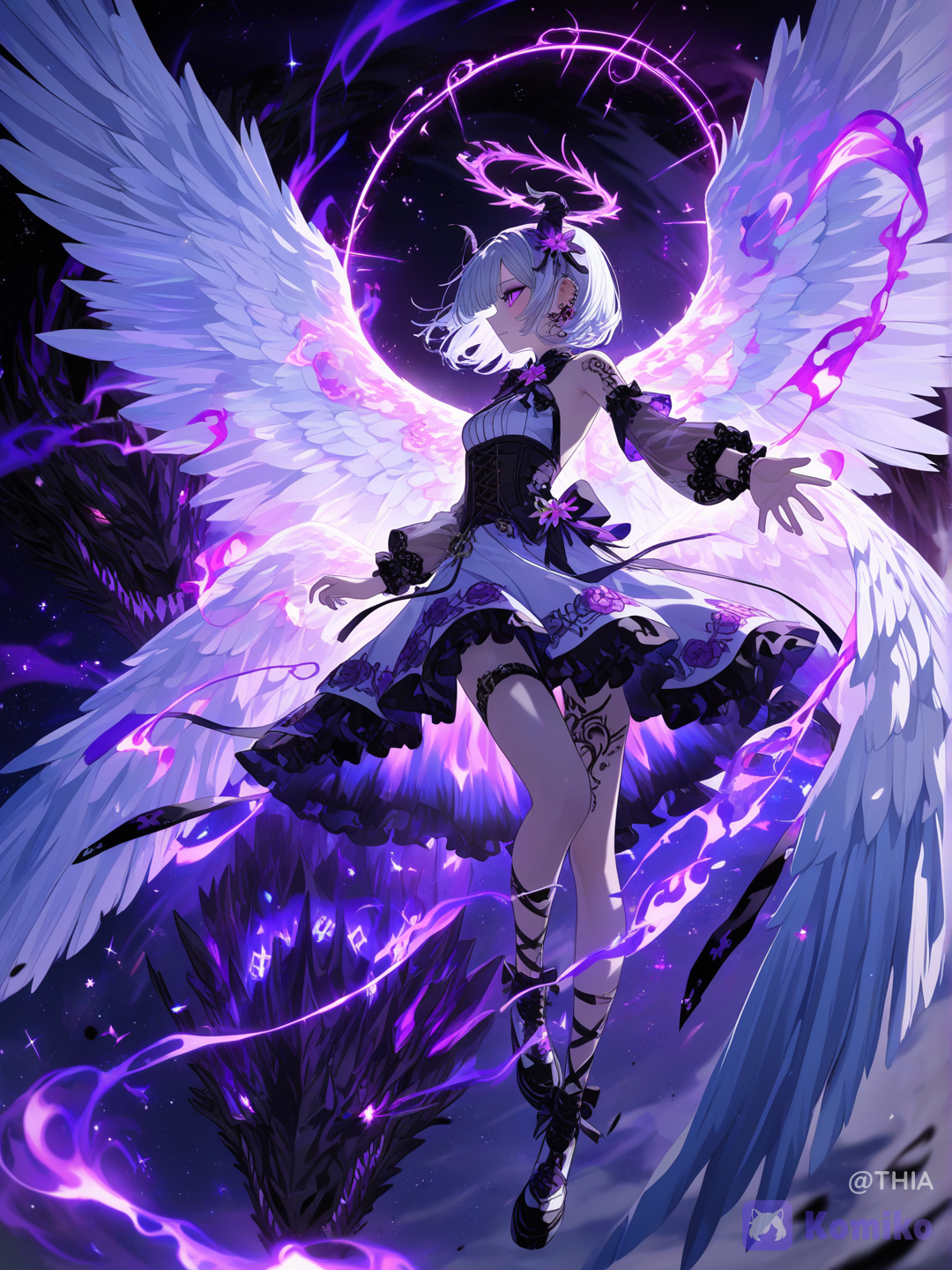 ultra-anime illustration, dark fantasy celestial aesthetic, full-body portrait of an ethereal angelic young woman standing in profile with a calm and enigmatic expression, fair porcelain skin, short silver-white bob haircut with soft layered strands and side bangs, luminous violet eyes, delicate facial features, black floral hair ornament with ribbons near one side of her head, glowing white thorn-like halo floating above her head, enormous white feathered angel wings spread behind her with individually feathers and soft radiant lighting, wearing an elegant white and black fantasy dress with asymmetrical design, revealing cutouts around the waist and back, black lace and corset-like straps wrapping around her torso and hips, flowing translucent white sleeves and long fabric ribbons drifting through the air, intricate glowing runic patterns embroidered along the fabric edges, ornate purple floral ornaments with black accents decorating her shoulders, waist, and thighs, black lace bracelets and delicate accessories on her wrists, intricate black and violet floral tattoo-like markings on her arms, shoulders, and thigh, one arm raised gracefully with fingers extended toward a glowing purple star-like light hovering above her hand, behind her looms a gigantic shadow dragon composed of darkness and purple energy, massive wolf-like draconic head with jagged teeth, glowing crimson eye, elongated horns and flowing tendrils of black smoke and violet flames, cosmic night sky filled with stars and glowing particles, swirling purple mist and magical energy surrounding both figures, dramatic rim lighting, high contrast, volumetric lighting, sparkling particles, flowing fabrics and hair, mystical and divine atmosphere, contrast between purity and darkness, cinematic composition, highly textures, sharp focus, anime key visual, fantasy ultra-epic and ethereal ambiance., [vivid-close-up-style]