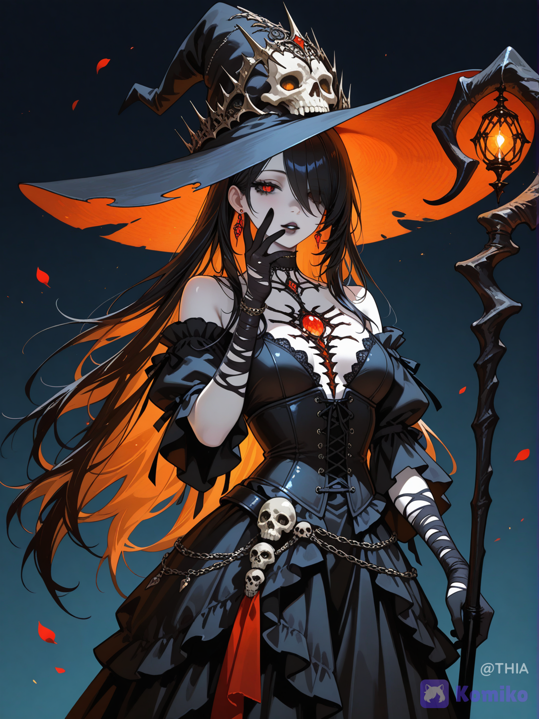 A dark gothic anime witch standing in a three-quarter pose, elegant and mysterious, with a calm alluring expression and slightly parted lips, long flowing black hair cascading down her back and over one eye, pale porcelain skin, wearing an oversized dramatic black witch hat with a very tall twisted crown, frayed brim, layered fabric folds, and large ruffled floral-like ornaments around the base of the hat, a realistic human skull attached to the right side of the hat near her head and a skeletal figure rising behind her like part of a staff or dark familiar, the skeleton’s bony arm and ribs partially visible in the background, she wears a black and charcoal gothic dress with a deep fitted bodice and white chest panel, off-shoulder sleeves, voluminous draped fabric, intricate lace-up corset details around the waist and forearms, long torn gloves with web-like cutout patterns exposing skin, delicate black strings and wraps around her fingers and wrists, one hand raised gracefully near her face with slender fingers bent softly in a seductive refined gesture, the other hand resting lower near her waist, around her neck a large ornate black gothic necklace with layered chains and a glowing red gem at the center, matching glowing red crystal earrings, small hanging chains and jewelry details across the chest, waist, and sleeves, a dark belt or sash with subtle engraved patterns hanging down the front, a skull ornament attached at the hip, the dress flowing downward in heavy layered black fabric with soft folds and shadows, behind her a tall black staff-like pole merges with the skeletal figure, adding a necromancer or death-witch vibe, the lighting is cinematic and dramatic with cool bluish-gray ambient tones and strong soft highlights across her face, chest, hands, and hat, contrasted by warm glowing red-orange ember light reflecting from the jewelry and scattered sparks, tiny glowing embers and crimson petal-like fragments drifting around her body, the background is a minimal dark smoky gradient in blue-gray and black, empty and atmospheric to emphasize the character, ultra-anime illustration, gothic fantasy aesthetic, dark sorceress, necromancer witch, elegant horror vibe, highly fabric folds, realistic skull textures, soft painterly shading, sharp linework, moody high contrast lighting, full-body vertical composition, centered character, quality, dramatic fantasy portrait.