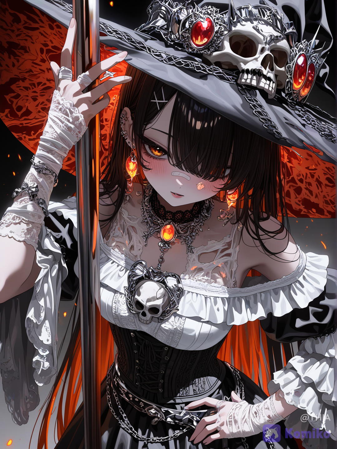 A dark gothic anime witch standing in a three-quarter pose, elegant and mysterious, with a calm alluring expression and slightly parted lips, long flowing black hair cascading down her back and over one eye, pale porcelain skin, wearing an oversized dramatic black witch hat with a very tall twisted crown, frayed brim, layered fabric folds, and large ruffled floral-like ornaments around the base of the hat, a realistic human skull attached to the right side of the hat near her head and a skeletal figure rising behind her like part of a staff or dark familiar, the skeleton’s bony arm and ribs partially visible in the background, she wears a black and charcoal gothic dress with a deep fitted bodice and white chest panel, off-shoulder sleeves, voluminous draped fabric, intricate lace-up corset details around the waist and forearms, long torn gloves with web-like cutout patterns exposing skin, delicate black strings and wraps around her fingers and wrists, one hand raised gracefully near her face with slender fingers bent softly in a seductive refined gesture, the other hand resting lower near her waist, around her neck a large ornate black gothic necklace with layered chains and a glowing red gem at the center, matching glowing red crystal earrings, small hanging chains and jewelry details across the chest, waist, and sleeves, a dark belt or sash with subtle engraved patterns hanging down the front, a skull ornament attached at the hip, the dress flowing downward in heavy layered black fabric with soft folds and shadows, behind her a tall black staff-like pole merges with the skeletal figure, adding a necromancer or death-witch vibe, the lighting is cinematic and dramatic with cool bluish-gray ambient tones and strong soft highlights across her face, chest, hands, and hat, contrasted by warm glowing red-orange ember light reflecting from the jewelry and scattered sparks, tiny glowing embers and crimson petal-like fragments drifting around her body, the background is a minimal dark smoky gradient in blue-gray and black, empty and atmospheric to emphasize the character, ultra-anime illustration, gothic fantasy aesthetic, dark sorceress, necromancer witch, elegant horror vibe, highly fabric folds, realistic skull textures, soft painterly shading, sharp linework, moody high contrast lighting, full-body vertical composition, centered character, quality, dramatic fantasy portrait., [vivid-close-up-style]