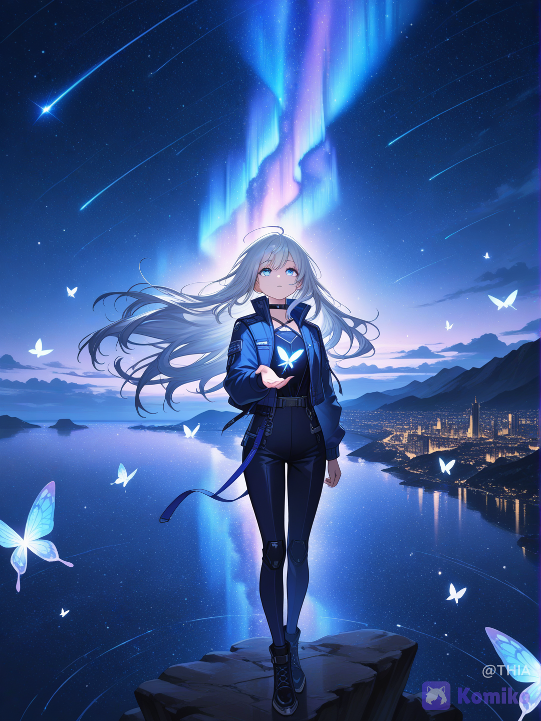 A breathtaking cinematic anime scene inspired by the feeling of closing your eyes and escaping reality, a beautiful young anime woman standing alone on the edge of a towering cliff overlooking an endless ocean of glowing city lights beneath a vast star-filled night sky, her long flowing silver hair dancing gently in the cold wind, wearing an elegant black open jacket over a minimal futuristic outfit, subtle luminous details reflecting the starlight, her expression peaceful yet melancholic as if carrying countless memories while finally finding inner peace, she slowly reaches one hand toward the infinite cosmos where thousands of stars shimmer like forgotten dreams, an enormous violet and blue nebula stretches across the heavens, brilliant galaxies, distant planets, meteor showers, ethereal auroras, floating particles of light and celestial dust surrounding her, moonlight softly illuminating her silhouette while warm golden lights from the city create a beautiful contrast below, delicate glowing butterflies made of pure starlight drifting around her, dreamlike atmosphere, emotional solitude, hope emerging from sadness, ultra eyes filled with reflected galaxies, dramatic volumetric lighting, cinematic composition, depth of field, breathtaking perspective, ultra high resolution, highly anime illustration, Makoto Shinkai-inspired atmosphere, soft color grading, vibrant purple, blue and golden palette, atmospheric perspective, god rays, fantasy realism, magical realism, extremely environment, elegant composition, emotional storytelling, peaceful silence, the feeling of freedom after letting go, looking toward an endless future beyond the stars.