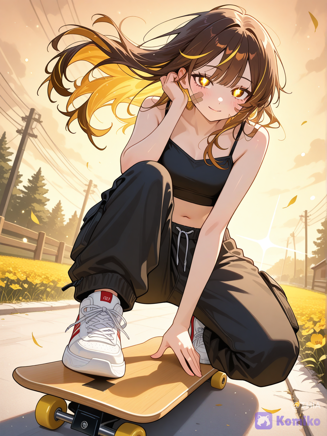 A beautiful anime girl with a youthful appearance, long flowing chestnut-brown hair with warm golden highlights, silky and slightly tousled by the wind. She has large soft violet eyes, a gentle smile with slightly flushed cheeks, and delicate facial features. She is looking directly at the viewer with a warm, cheerful, and slightly shy expression. She is crouching low on a skateboard, balancing effortlessly while riding along a smooth paved road. One knee is raised close to her chest while the other leg is bent naturally for stability, creating a dynamic and relaxed pose. Her long hair streams dramatically behind her, with individual strands catching the sunlight and emphasizing the sense of speed and motion. She wears a minimalist black cropped camisole with thin shoulder straps, exposing her shoulders and midriff. She pairs it with oversized black cargo pants featuring multiple pockets, loose folds, and realistic fabric wrinkles. On her feet are chunky white sneakers with gray detailing and subtle red accents on the soles, slightly worn from frequent use. The skateboard features a natural wooden deck with black grip tape, cream-colored wheels, silver trucks, and realistic mechanical details. The board is angled slightly as she glides smoothly along the road. The environment is a peaceful countryside road during golden hour, surrounded by lush green trees and vibrant yellow wildflowers stretching into the distance. Warm sunlight filters through the leaves, producing soft volumetric rays, glowing highlights, and cinematic backlighting. Numerous floating golden dust particles and soft bokeh lights fill the air, creating a dreamy, magical atmosphere. The composition uses a low-angle perspective, placing the viewer near ground level and emphasizing the skateboard, the girl's relaxed pose, and the flowing motion of her hair. The background is softly blurred with a shallow depth of field, keeping the character in crisp focus while maintaining an immersive sense of depth. Highly anime illustration, cinematic composition, ultra-face, expressive eyes, intricate hair strands, realistic fabric folds, soft skin shading, dynamic lighting, golden hour illumination, volumetric light, ambient occlusion, subtle bloom, smooth gradients, high-quality digital painting, vibrant colors, ultra high resolution, sharp focus.